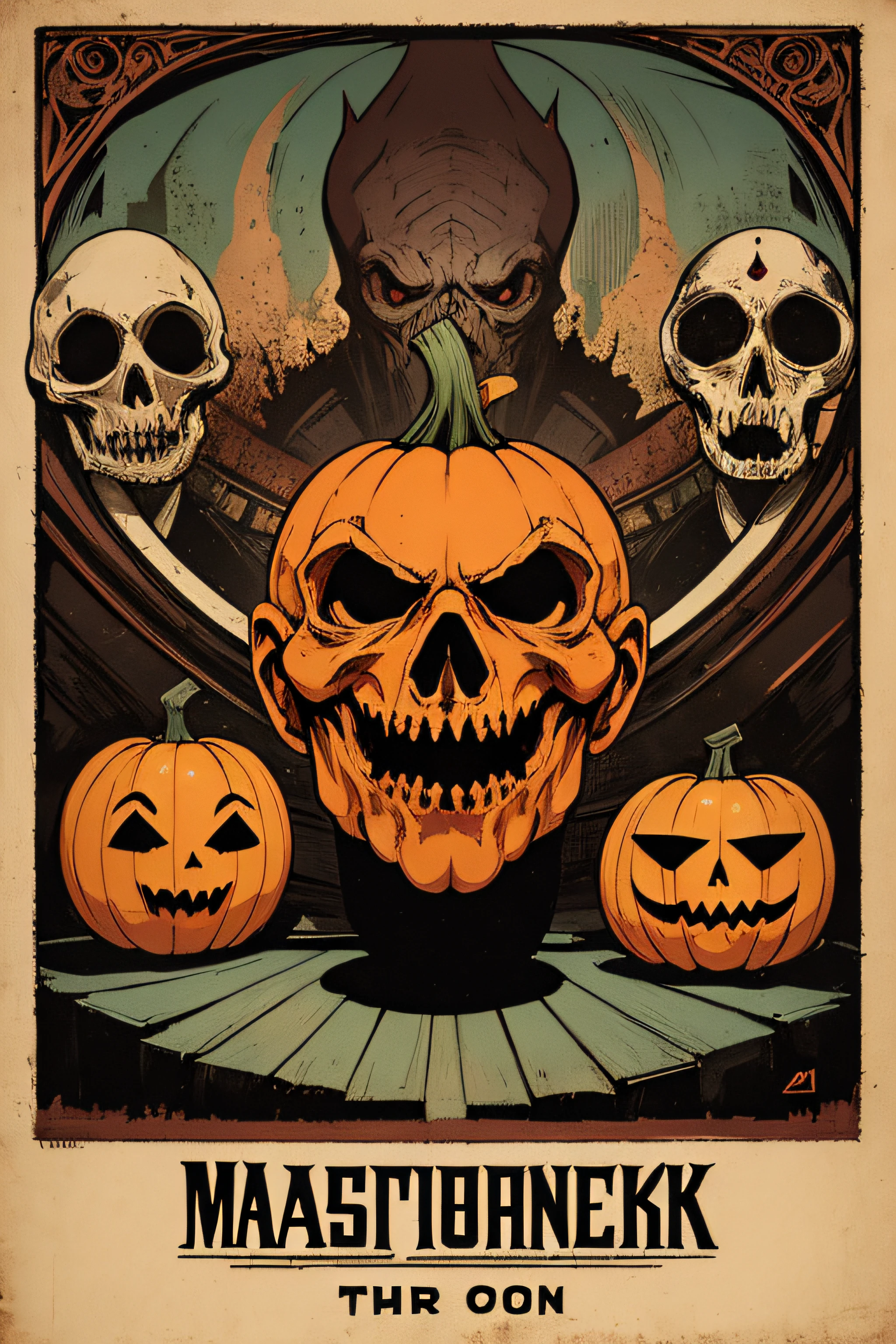 (Masterpiece, Best Quality), 8k Wallpaper, highly detailed, poster, evil pumpkin head, vintage horror, 1900s, horror thriller cinematic movie poster, Bauhaus, shapes, lines, abstract, propaganda, gothic, movie poster, vintage,