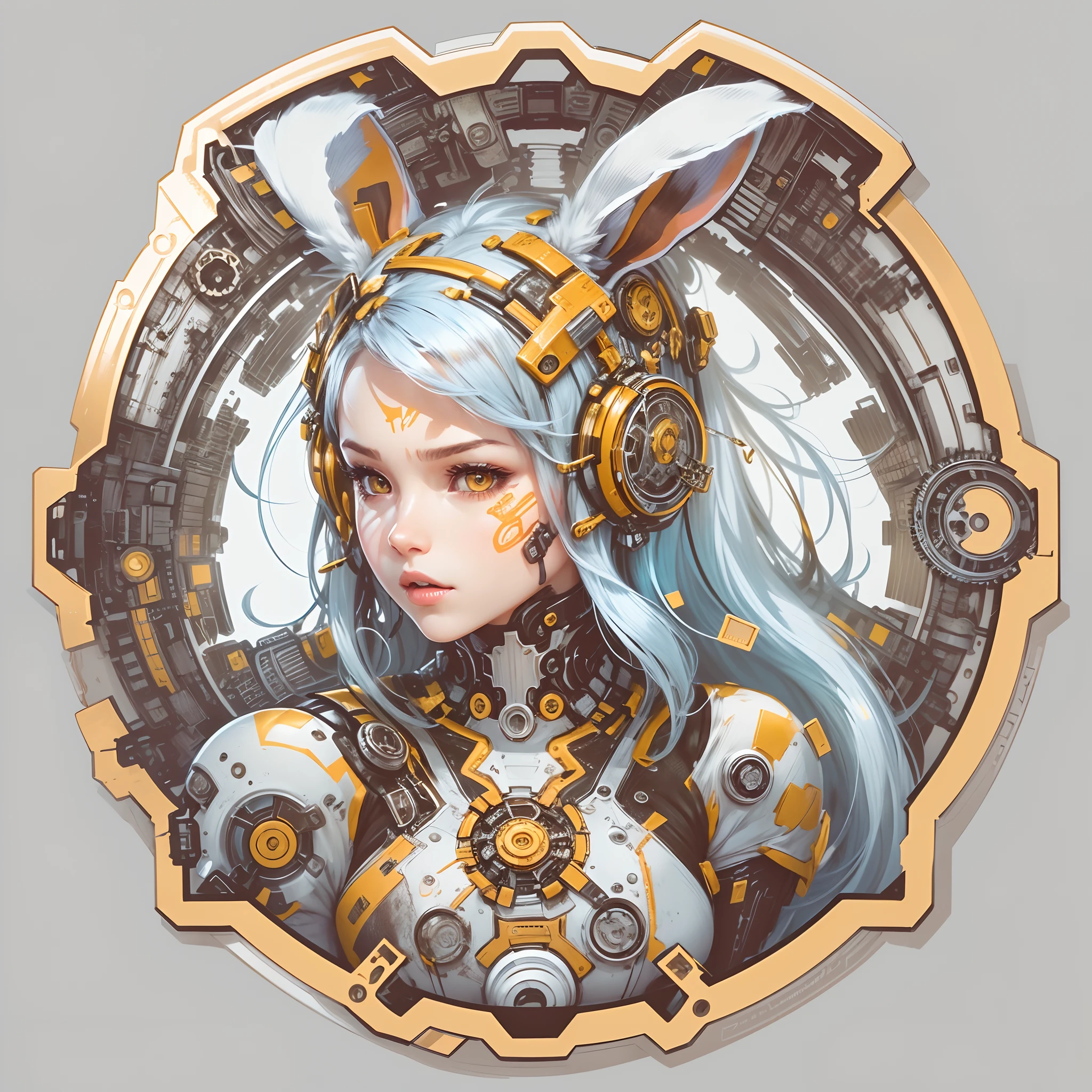 (Sticker,),(Futuristic cyborg girl), (Rabbit ears),bright colored hair,((Metal gears inside the mechanical body)),Slim.Exude power, Grace, There is also a touch of mystery.(in circle), (White background), (Gold border),Simple, Ultra detailed, Detailed drawing, vectorised, 8K, professional sticker design, Flat design, Vector lines, Sticker, Full-HD