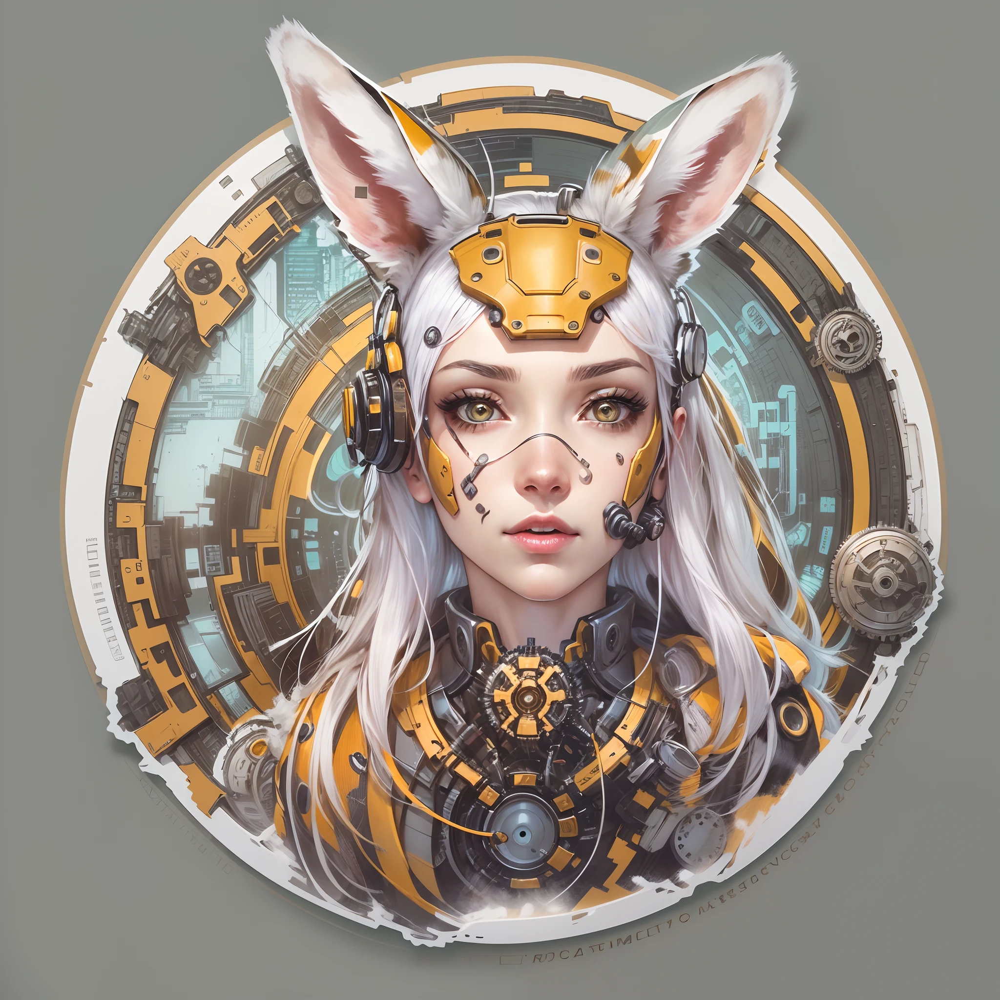 (Sticker,),(Futuristic cyborg girl), (Rabbit ears)，bright colored hair，((Metal gears inside the mechanical body)),Slim.Exude power, Grace, There is also a touch of mystery.(in circle), (White background), (Gold border)，Simple, Ultra detailed, Detailed drawing, vectorised, 8K, professional sticker design, Flat design, Vector lines, Sticker, Full-HD