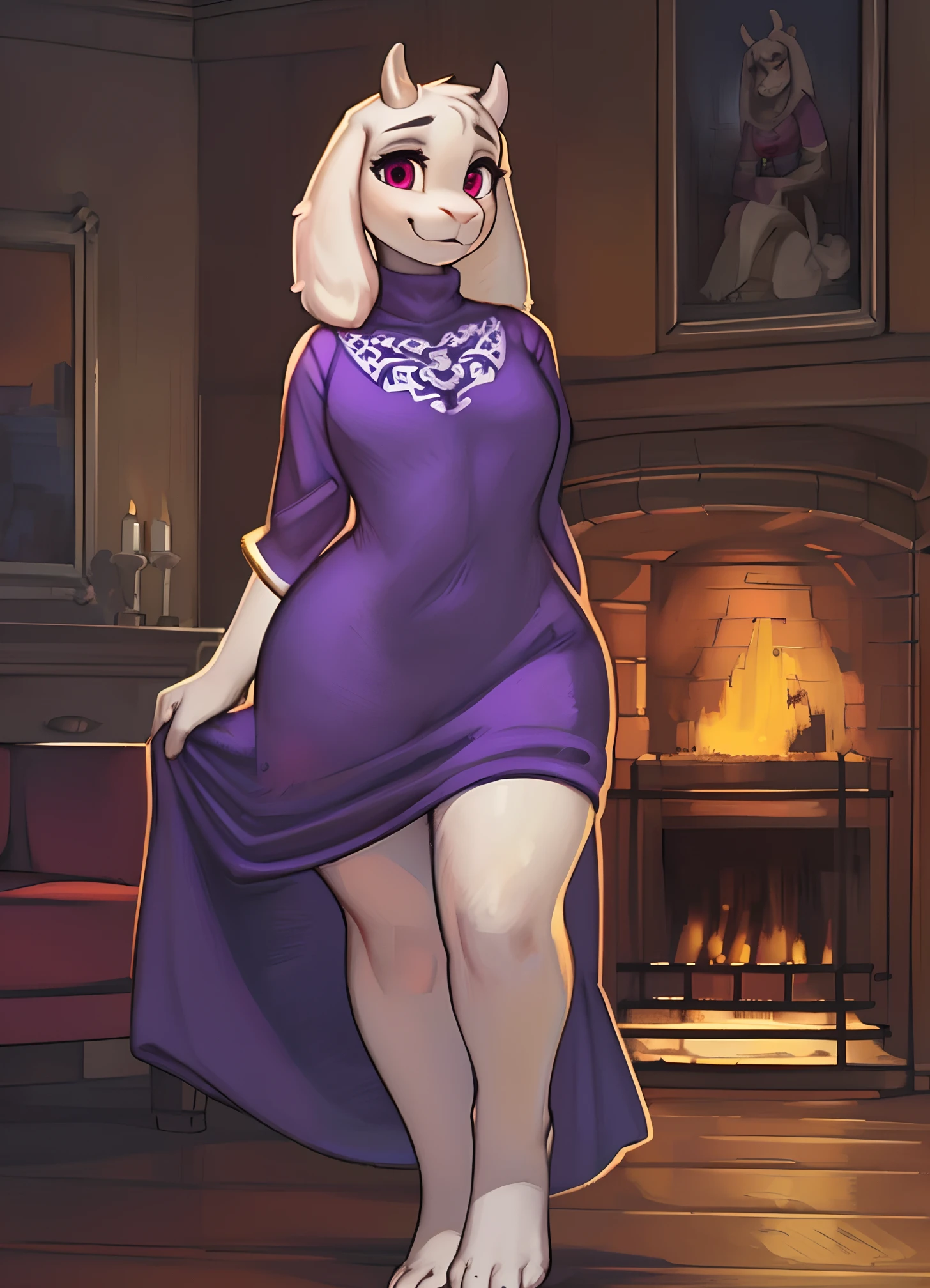 [toriel], [Undertale], [Uploaded to e621.net; (Pixelsketcher), (wamudraws), (woolrool)], ((masterpiece)), ((HD)), ((high quality)), ((solo portrait)), ((front view)), ((feet visible)), ((furry; anthro)), ((detailed fur)), ((detailed shading)), ((beautiful render art)), ((intricate details)), {anthro goat; white fur, white nose, cute maroon eyes, (short eyelashes), (short goat antlers), short fluffy tail, (gorgeous hips), (thicc thighs), (beautiful feet), (cute smile)}, {(purple dress), (white rune on chest)), {(arms behind back), (standing), (pigeon-toed)}, [background; (living room), (yellow walls), (orange wood floor), (fireplace), (ambient lighting)]