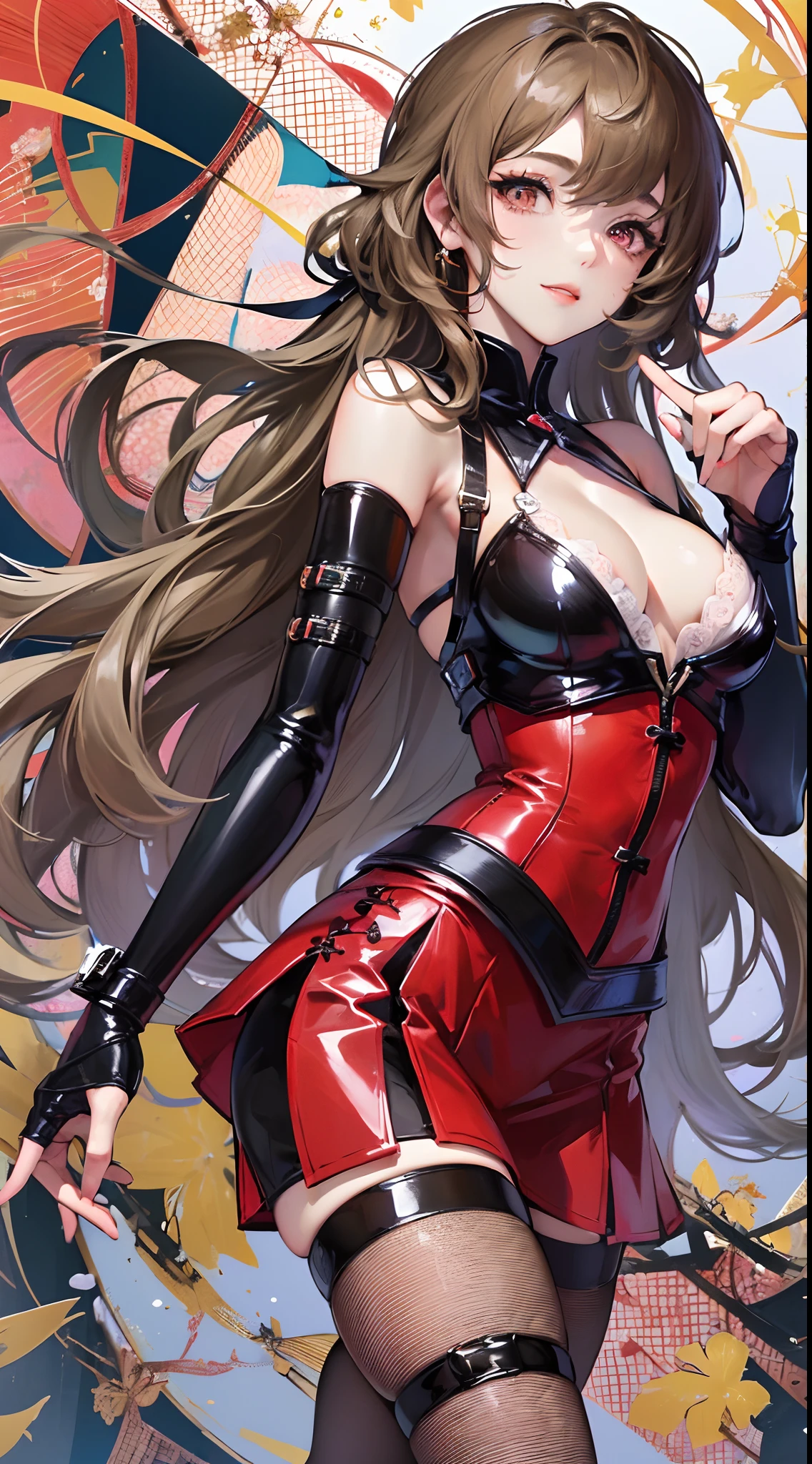 ((16k,Raw photography,top-quality,hight resolution,Ray tracing,PBR Texture,Post-processing,)),(((Blue Leather Bondage , Cute Japan anime girl,STEINS;GATE,Makise Korisu,Long wavy dark red long hair,Emphasize cleavage,bare hand,Thin leg,red eyes,Exquisite finger expression,Elaborate limb representation,Limbs are2One,Very beautiful cute girl, A beautiful woman with perfect body)))(finerly detailed face:1.3),(masterpiece:1.4),(top-quality:1.4), Beautiful fine skin,(cute little:1.8),(Complex fishnet stockings),pin heels,Leather luster 3.0,Beautiful skin,(Red tight skirt,Red Bodycon),((tthin eyebrows,long eyelashes,smil,二重まぶた,)),No title required,Do not wear anything on your shoulders,Create beautiful light effects on the background、Light Particle Filter,Girl fighting in town,(finerly detailed face:1.4),(masterpiece:1.4),(top-quality:1.4), Beautiful fine skin,(cute little:1.5),(Complex fishnet stockings),pin heels,Leather luster 3.0,Beautiful skin,(The leather corsets),((tthin eyebrows,long eyelashes,smil,二重まぶた,)),No title required,Do not wear anything on your shoulders,Bold figure,Staring from the front,Create beautiful light effects on the background、Create a confetti effect on the background,Show beautiful legs as you stroll through the town,