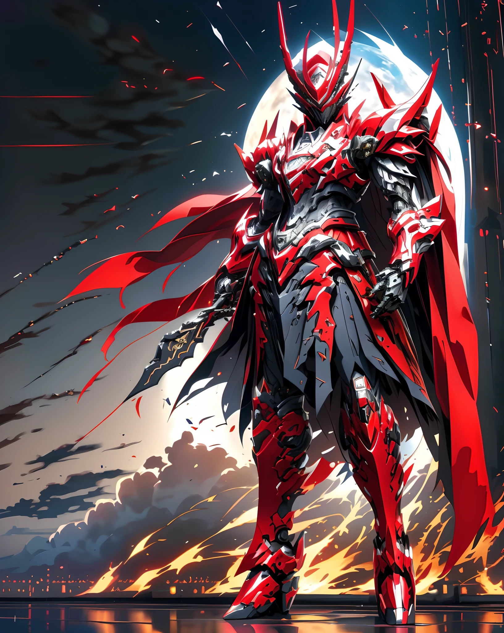 Anime characters wearing a red cloak and sword before the full moon, Badass anime 8 K, high quality warframe fanart, exquisite warframe fanart, Anime epic artwork, Anime art wallpaper 4 K, Anime art wallpaper 4k, anime mecha aesthetic, Onmyoji detailed art, detailed warframe fanart, High quality digital concept art, Dragon Knight, Red armor, (solo)