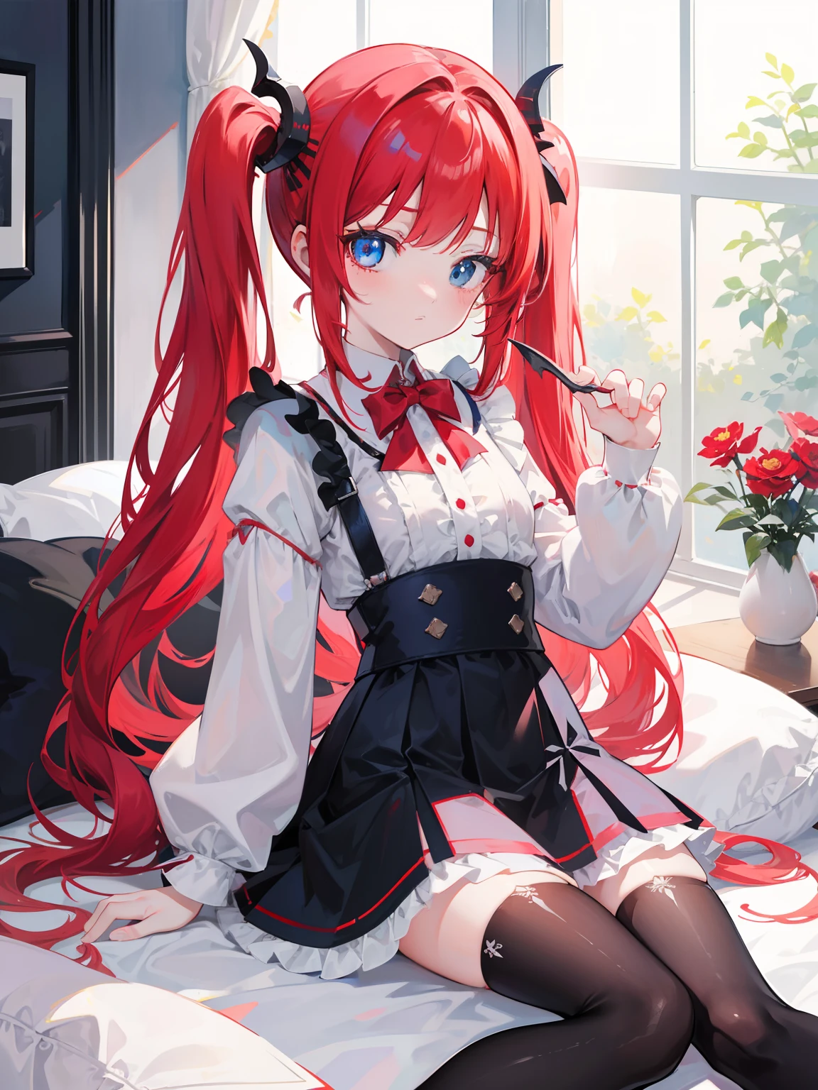 red hair,blue eyes,twintails, long hair, long sleeves, gothic, solo, loli,Short skirt, white stockings,{{best quality}}, {{masterpiece}}, {{ultra-detailed}}, {illustration}, {detailed light}, {an extremely delicate and beautiful}, girl,cute,dragon horns