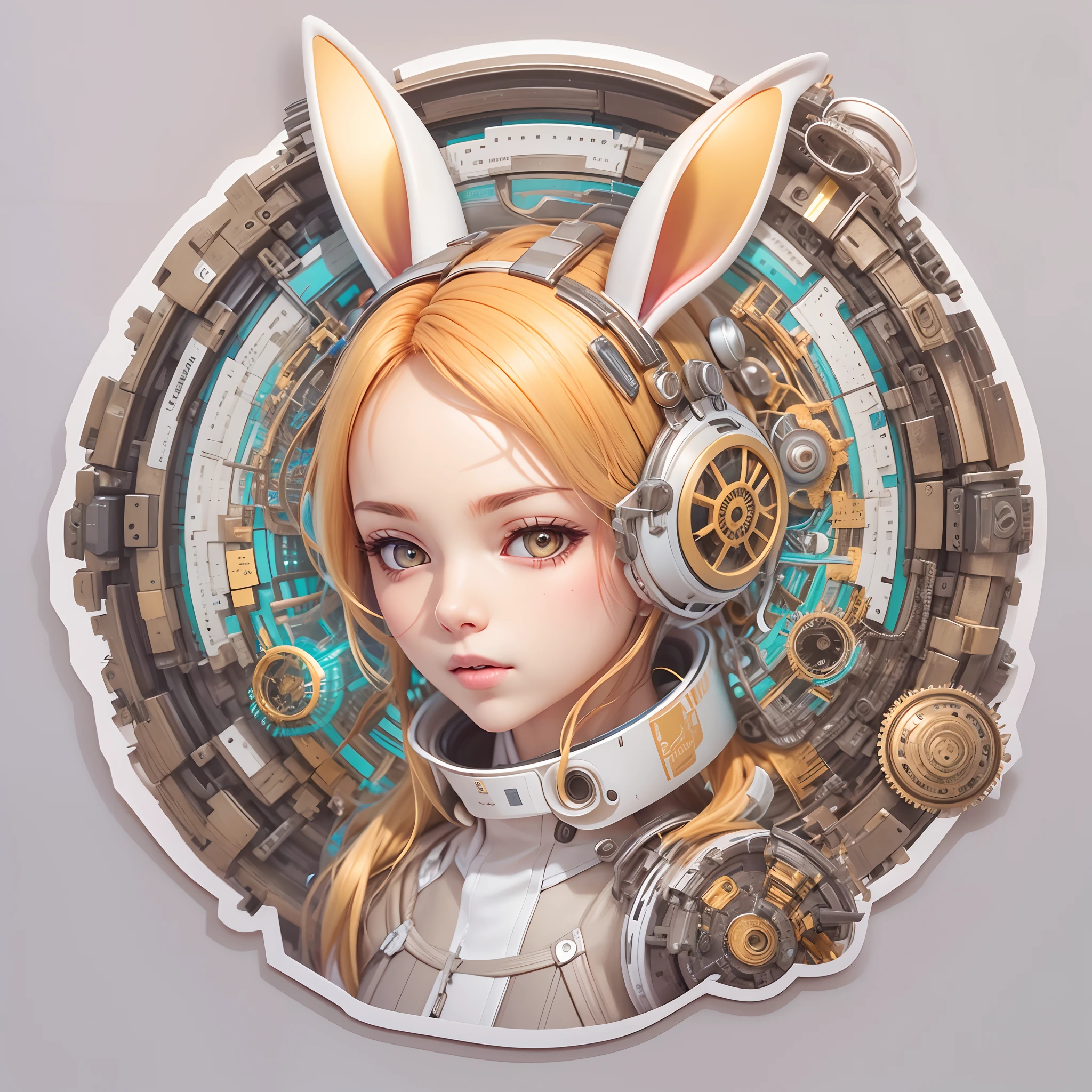 (Sticker,),(3D anime cyborg girl), (Rabbit ears)，bright colored hair，((Metal gears inside the mechanical body)),Slim.Exude power, Grace, There is also a touch of mystery.(in circle), (White background), (Gold border)，Simple, Ultra detailed, Detailed drawing, vectorised, 8K, professional sticker design, Flat design, Vector lines, Sticker, Full-HD