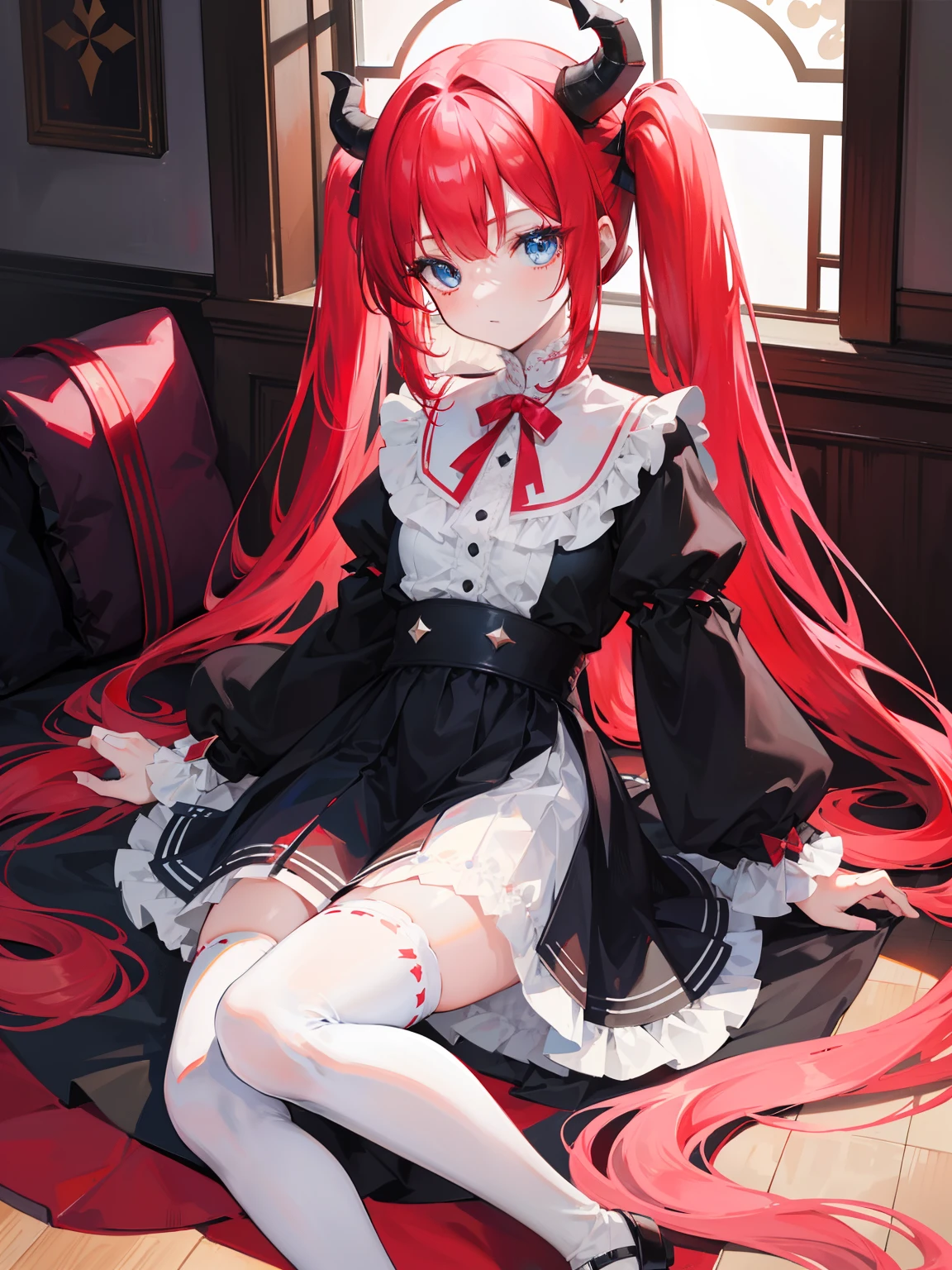 red hair,blue eyes,twintails, long hair, long sleeves, gothic, solo, loli,Short skirt, white stockings,{{best quality}}, {{masterpiece}}, {{ultra-detailed}}, {illustration}, {detailed light}, {an extremely delicate and beautiful},little girl,cute,dragon horns
