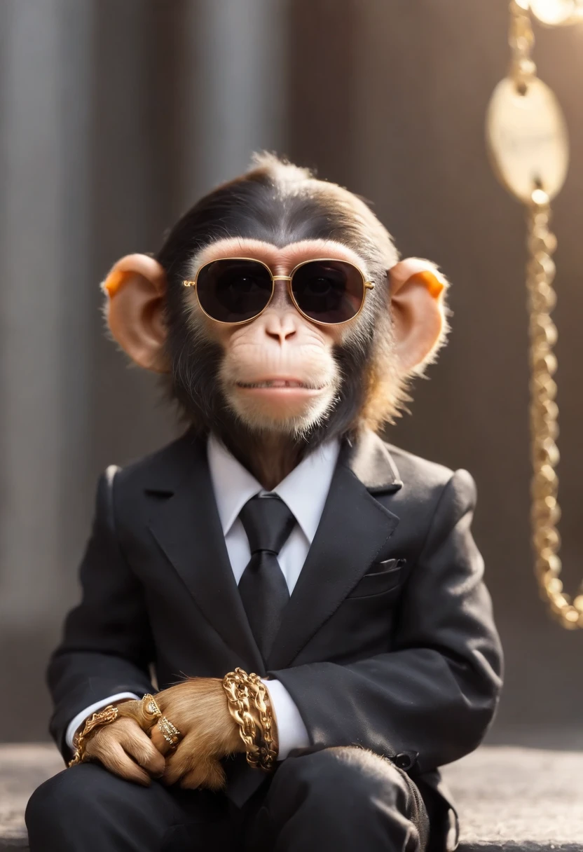 monkey with black sunglasses, black suit and tie, golden chain, golden necklace, bracelet, boss monkey, rich monkey, hollywood monkey, celebrity monkey