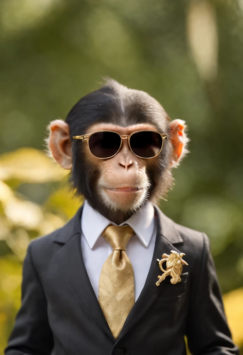 monkey with black sunglasses, black suit and tie, golden chain, golden necklace, bracelet, boss monkey, rich monkey, hollywood monkey, celebrity monkey