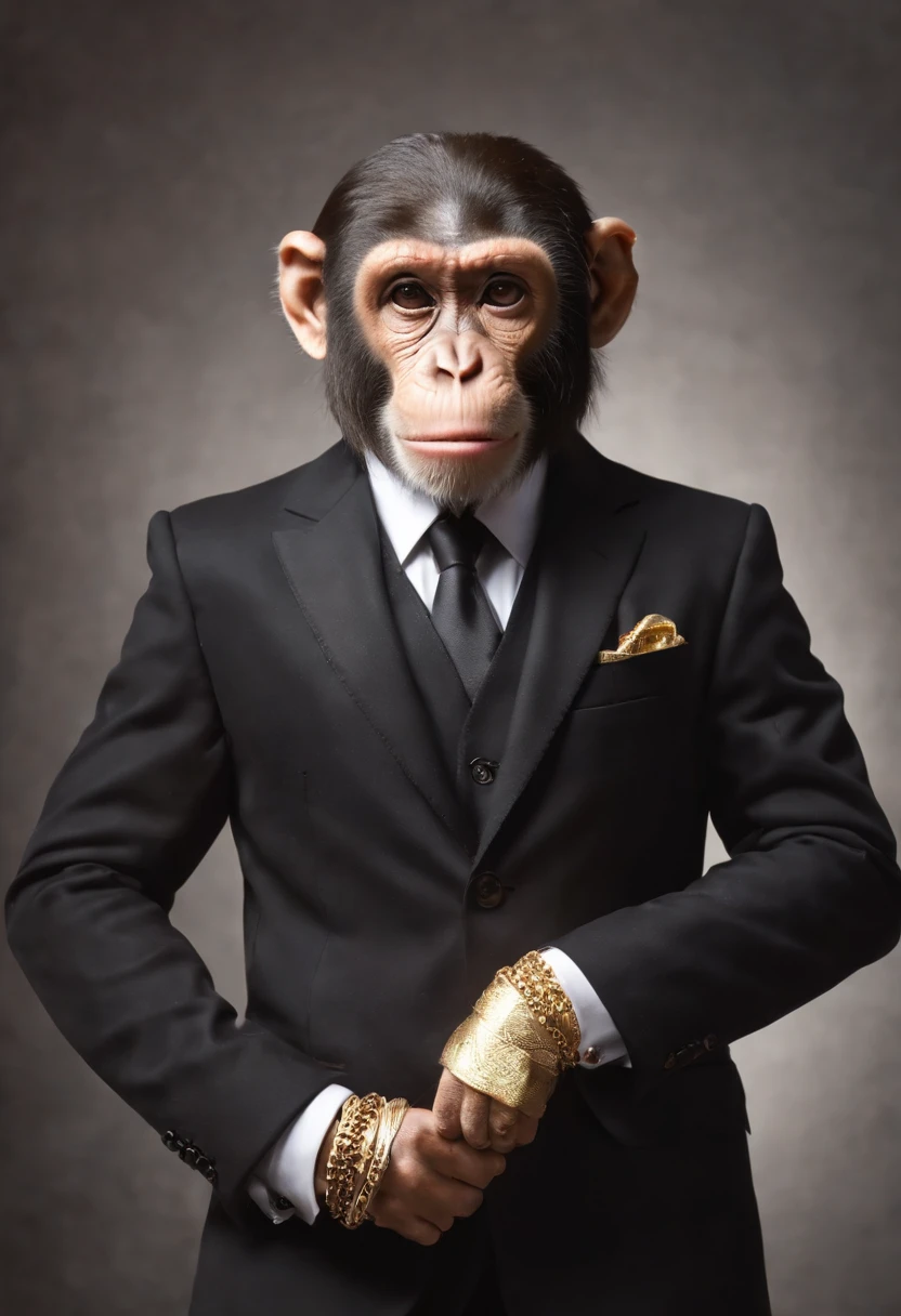 monkey with black sunglasses, black suit and tie, golden chain, golden necklace, bracelet, boss monkey, rich monkey, hollywood monkey, celebrity monkey