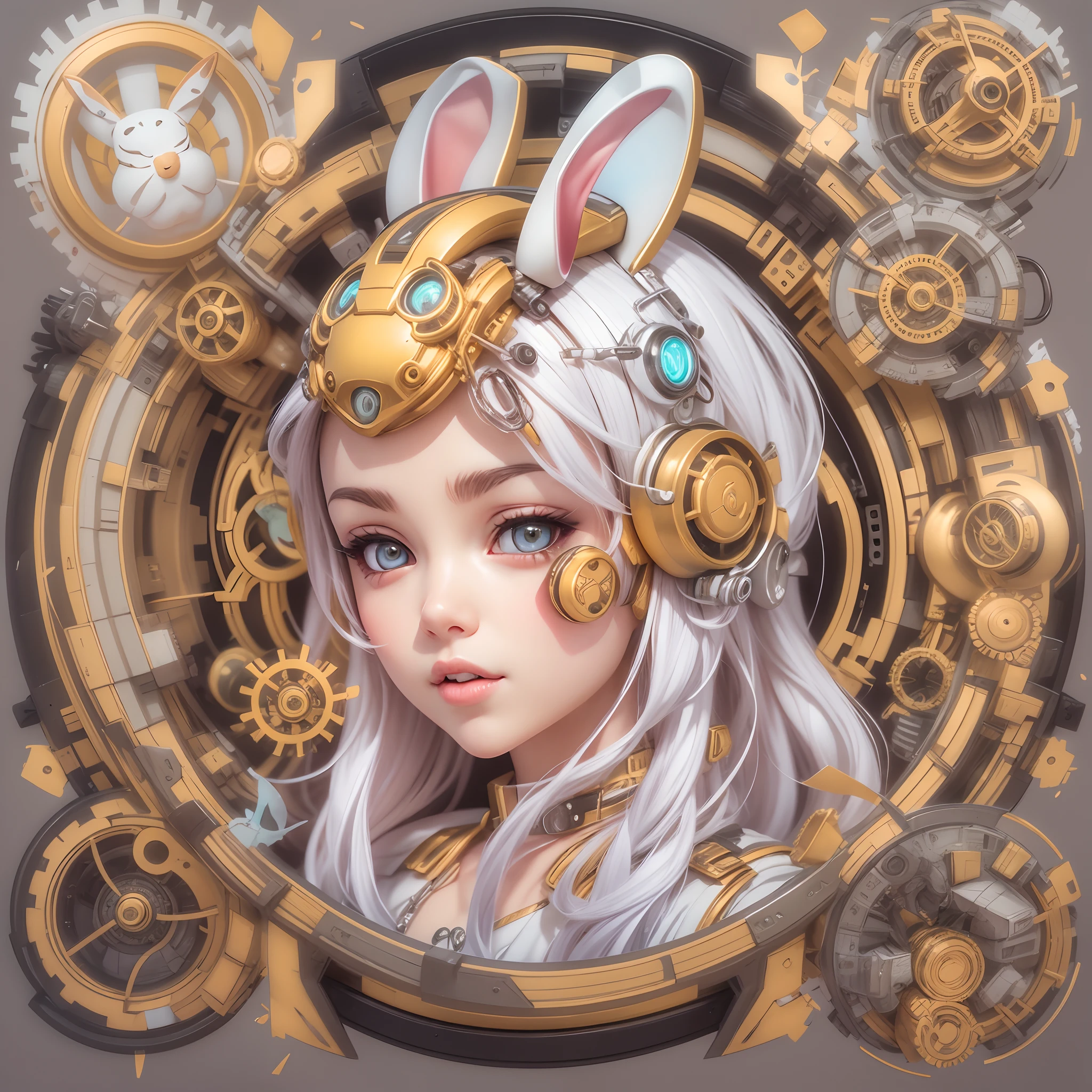 (Sticker,),(3D futuristic cyborg girl), (Rabbit ears),bright colored hair,((Metal gears inside the mechanical body)),Slim.Exude power, Grace, There is also a touch of mystery.(in circle), (White background), (Gold border),Simple, Ultra detailed, Detailed drawing, vectorised, 8K, professional sticker design, Flat design, Vector lines, Sticker, Full-HD