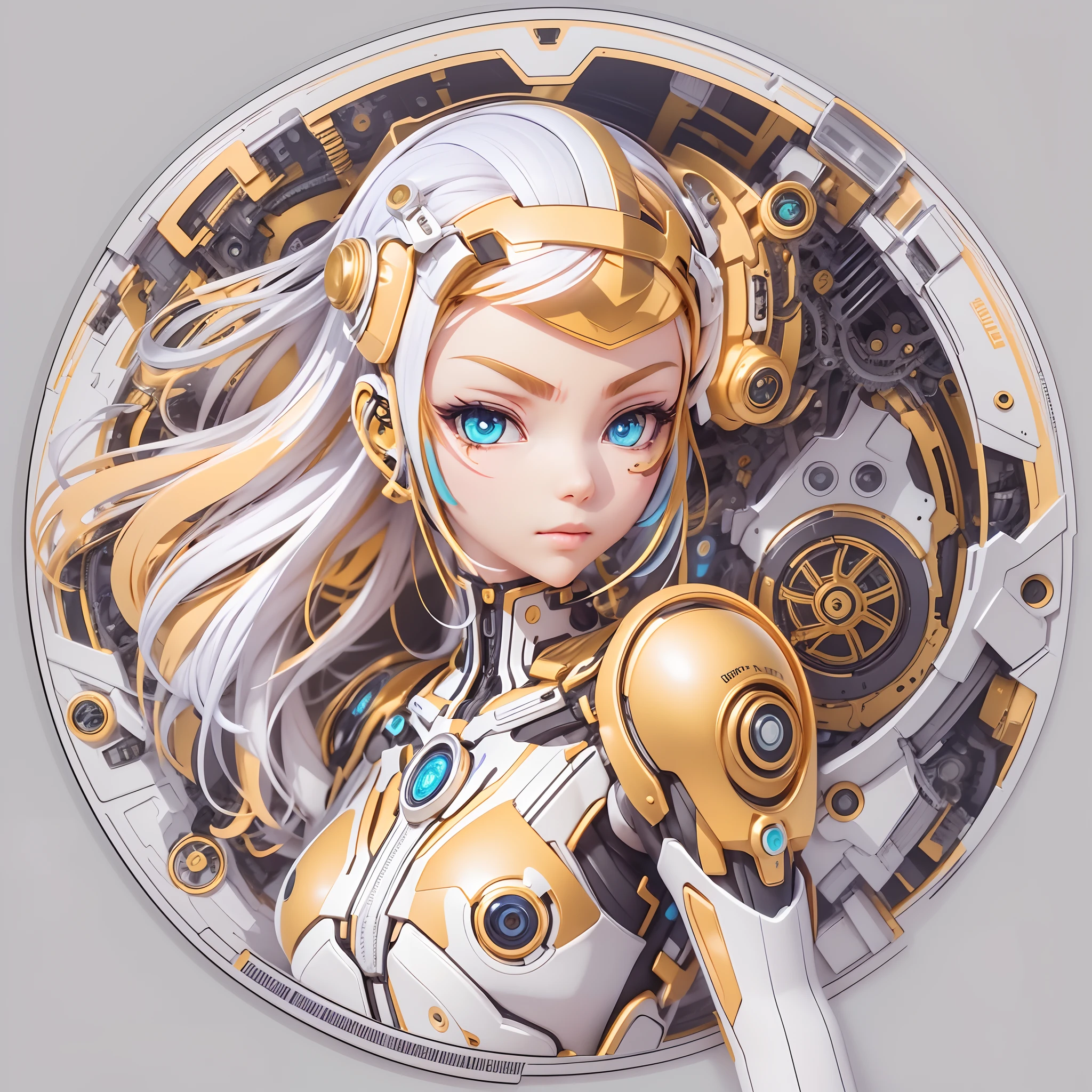 (Sticker,),(3D anime cyborg girl),bright colored hair,((Inside the mechanical body)),Slim.Exude power, Grace, There is also a touch of mystery.(in circle), (White background), (Gold border),Simple, Ultra detailed, Detailed drawing, vectorised, 8K, professional sticker design, Flat design, Vector lines, Sticker, Full-HD