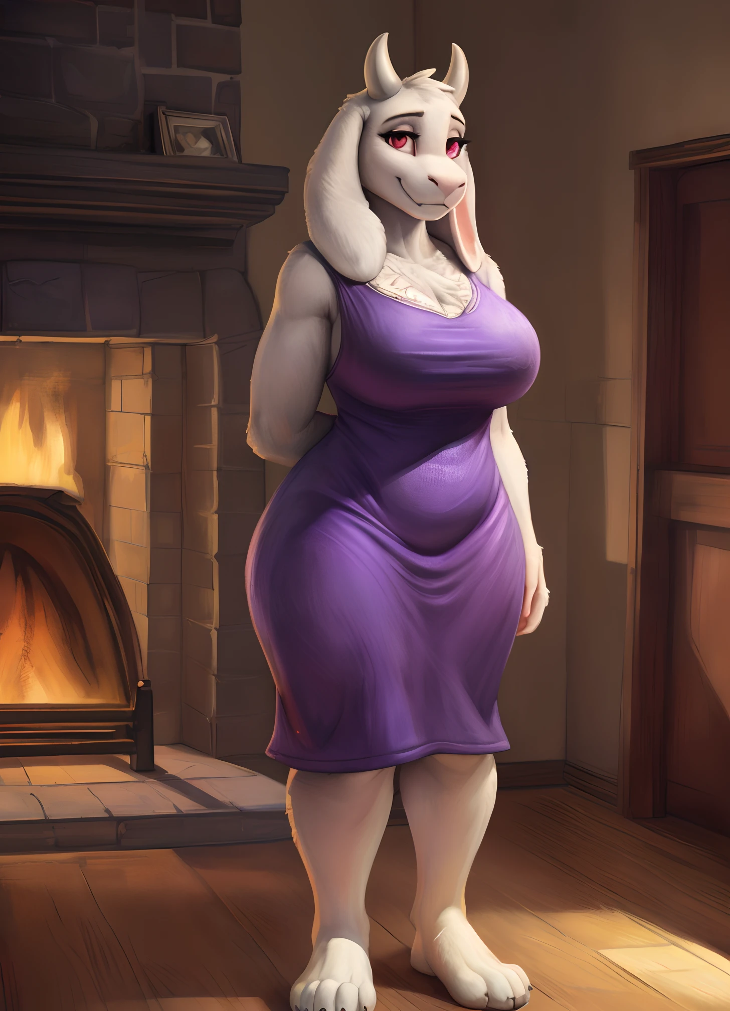 [toriel], [Undertale], [Uploaded to e621.net; (Pixelsketcher), (wamudraws), (woolrool)], ((masterpiece)), ((HD)), ((high quality)), ((solo portrait)), ((front view)), ((feet visible)), ((furry; anthro)), ((detailed fur)), ((detailed shading)), ((beautiful render art)), ((intricate details)), {anthro goat; white fur, white nose, cute maroon eyes, (short eyelashes), (short goat antlers), short fluffy tail, (large boobs), (gorgeous hips), (wide hips), (beautiful feet), (cute smile)}, {(purple dress), (white rune on chest)), {(arms behind back), (standing), (pigeon-toed)}, [background; (living room), (yellow walls), (orange wood floor), (fireplace), (ambient lighting)]