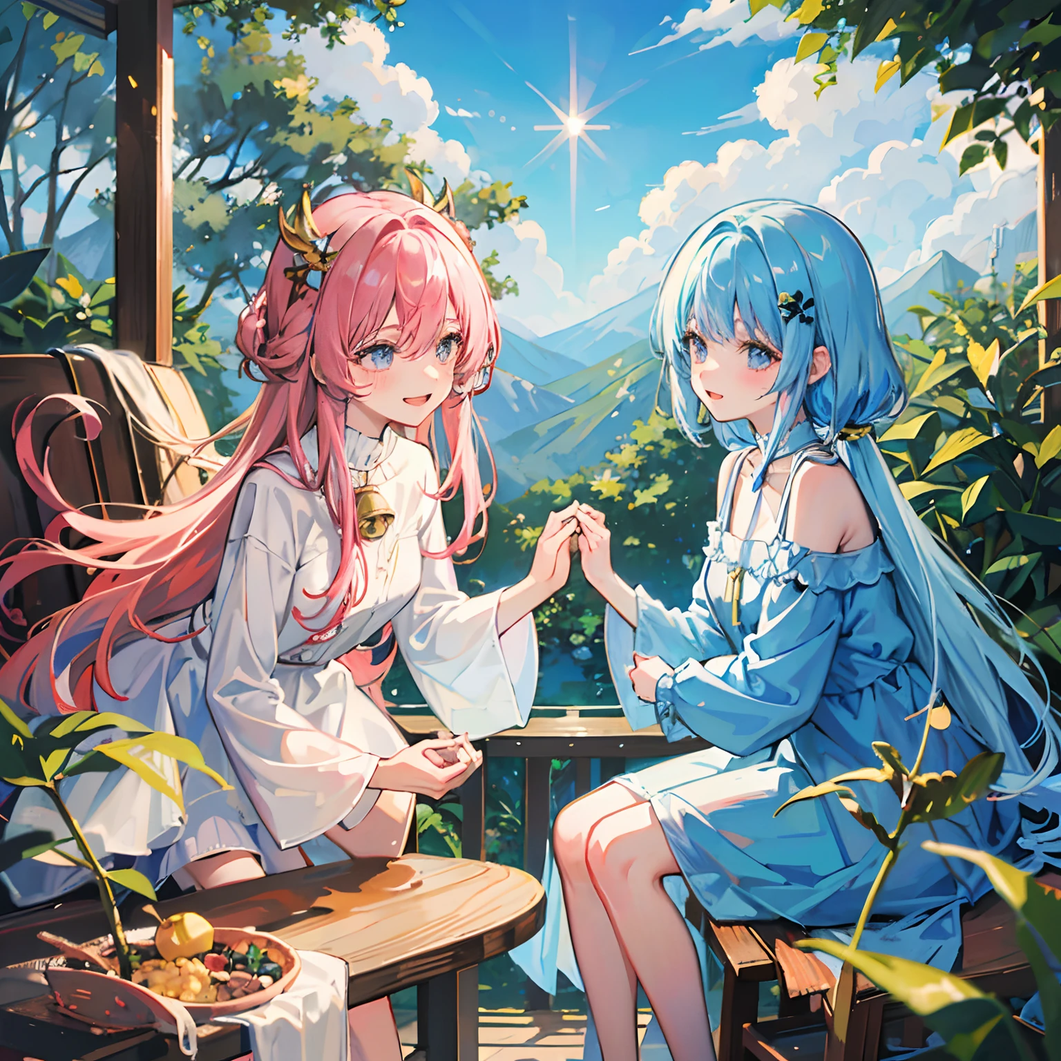 Two anime girls sitting on a bench in front of a mountain - SeaArt AI