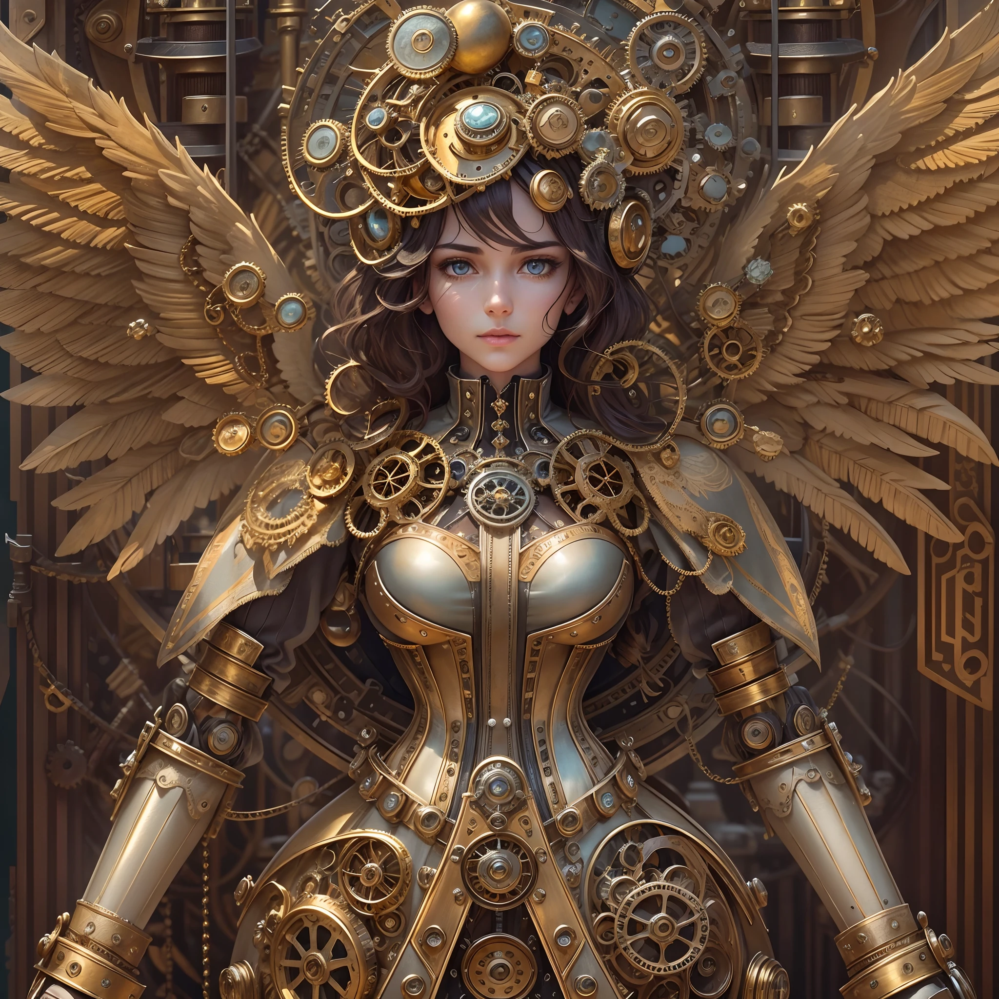 (Best quality,4K,8K,A high resolution,Masterpiece:1.2),Ultra-detailed,(Realistic,Photorealistic,photo-realistic:1.37),steampunc,Robot Angel,Beautiful detailed eyes,beautiful detailed lips,Extremely detailed eyes and face,long eyelasher,metal wings,Sophisticated mechanical parts,Vintage and rusty elements,Industrial Victorian atmosphere,Copper and brass decoration,Steam-powered machinery,Futuristic and nostalgic,Gorgeous clockwork gears and gears,Magical light and aura,Golden halo,Mechanical feathers with intricate carvings,Sparkling dust particles,Victorian decorative dress，With a corset and frills,Ethereal and peaceful expression,Angelic gesture,Wander above the post-apocalyptic cityscape,Smoke and steam rise from the ground,Soft warm colors，With a hint of tan,Vivid colors with shades of gold and bronze,Contrast shadows and highlights,depth and dimensionality,Pay attention to texture and material details,A deep focus on rendering detail and accuracy,Visually striking composition and perspective.