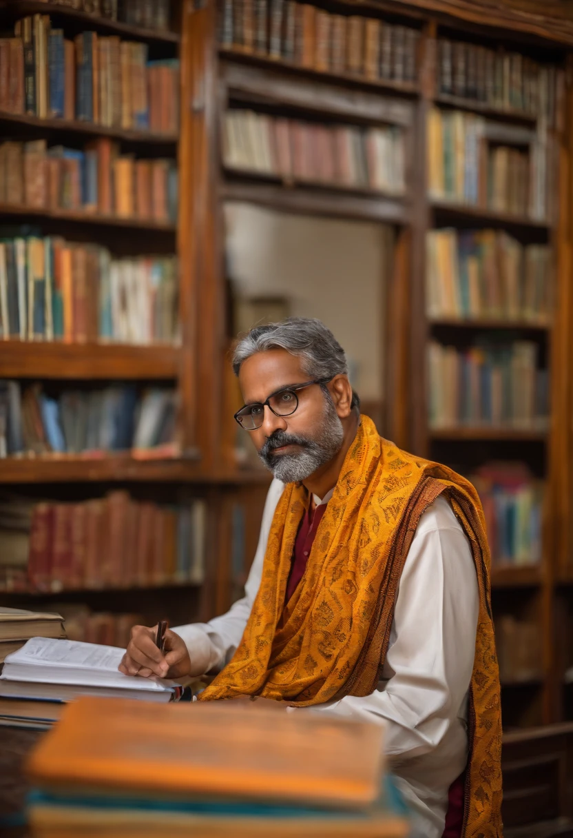 Maths teacher,international school, spectacles, books, looks very diaciplined, with traditional dhoti