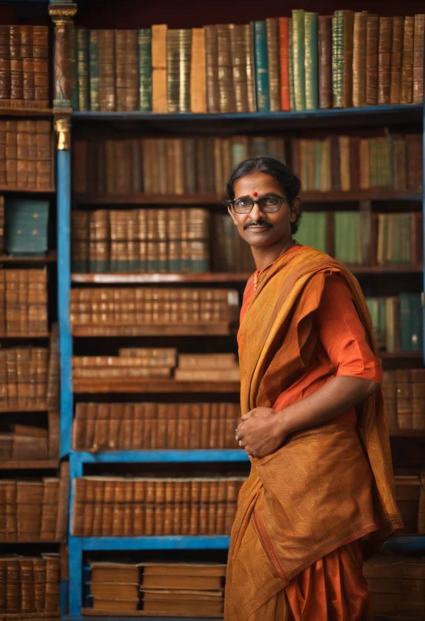 Maths teacher,international school, spectacles, books, looks very diaciplined, with traditional dhoti