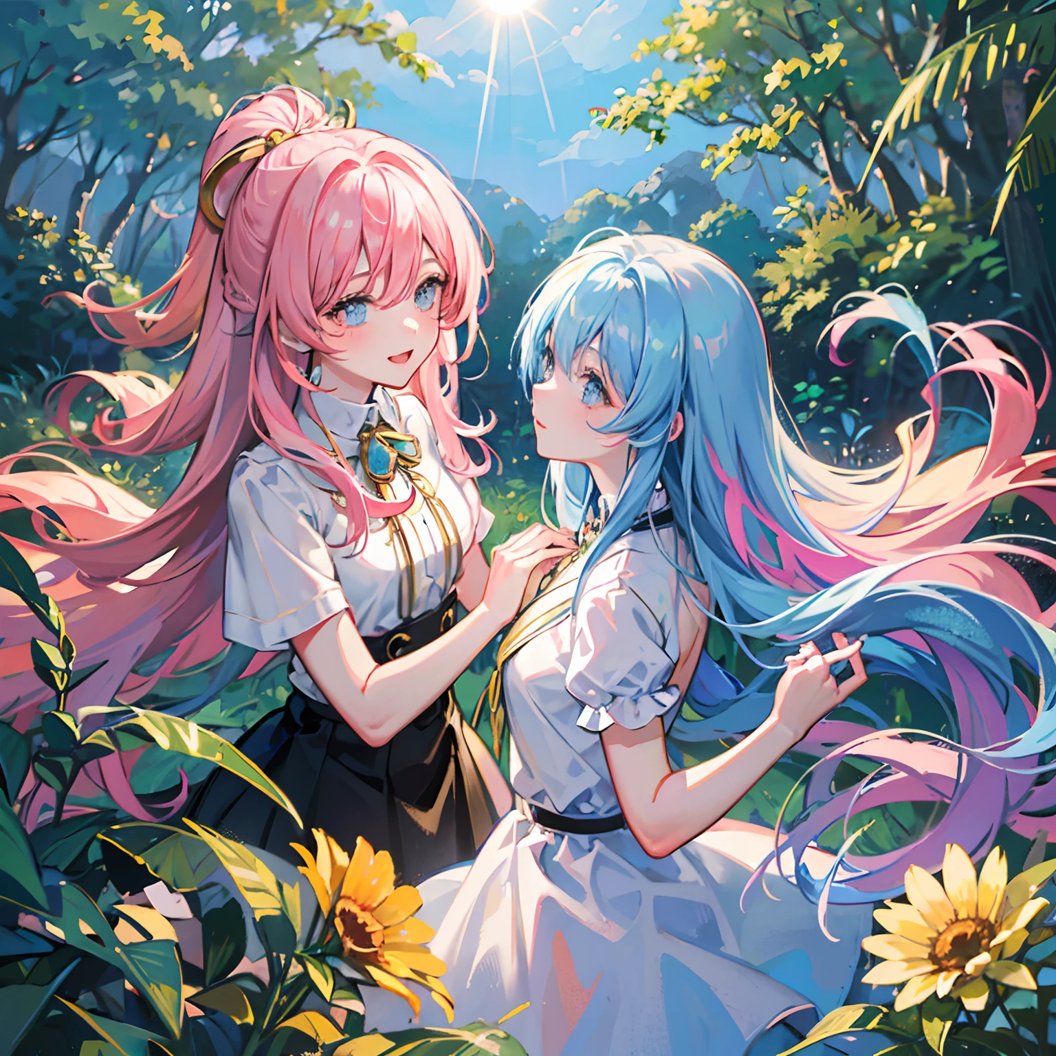 Heaven twin children blue sky and sun clouds in the forest bell golden bell pink hair and light blue hair soap bubble crystal