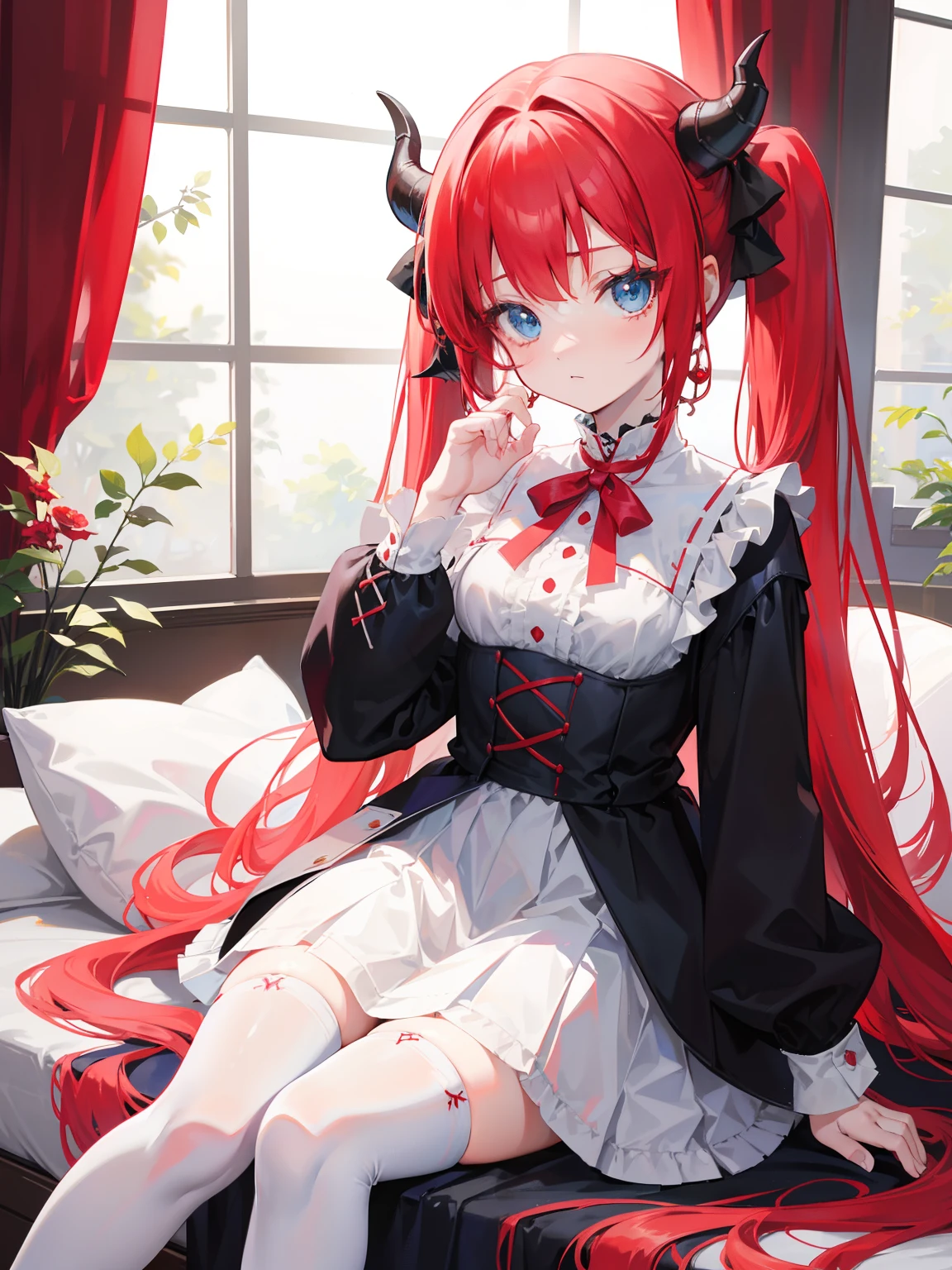 red hair,blue eyes,twintails, long hair, long sleeves, gothic, solo, loli,Short skirt, white stockings,{{best quality}}, {{masterpiece}}, {{ultra-detailed}}, {illustration}, {detailed light}, {an extremely delicate and beautiful},little girl,cute,dragon horns