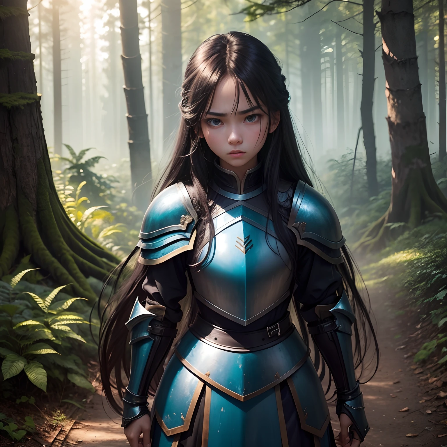 The background is the forest, a girl name is min, 18 years old, black eyes, long hair, wearing blue armor, Angrily shouted