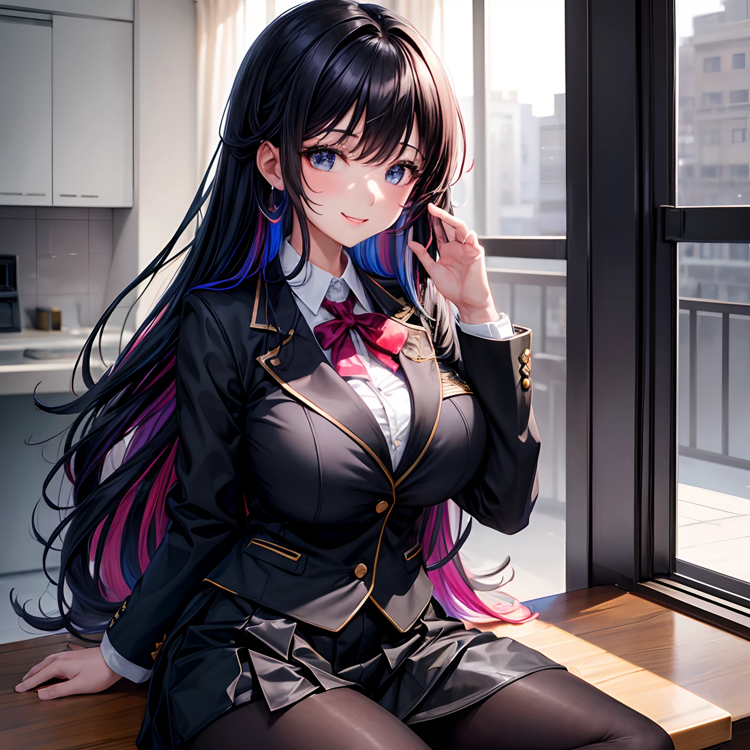 Midday Shiina,a beauty girl,girl with,a smile,Black uniform and blazer,top-quality,masterpiece,huge tit,超A high resolution,Multicolored hair,Excellent style,Perfect facial features,a beauty girl,modeled,girl,Long,