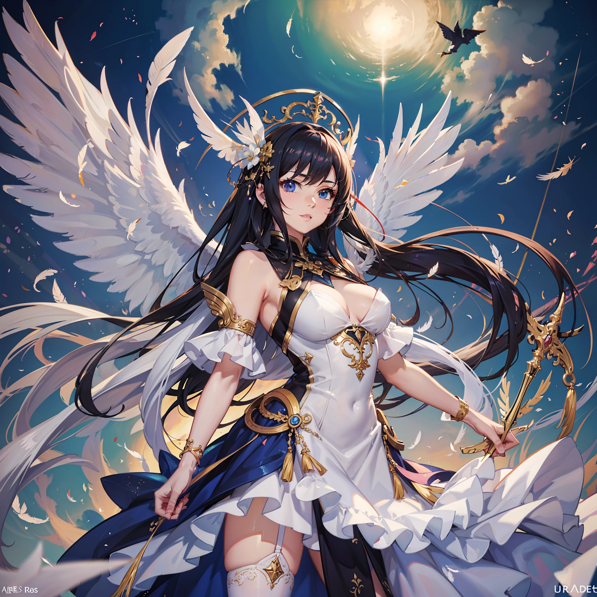 ((Finest quality)),(超A high resolution),(ultra-detailliert),((Best Anime)),sharpnes,vivid:1.1,Fantasy art with astounding depictions,Deities々Emitting a bright light ((1人の女性),angelicales,3 pairs of pure white feathers,Pure white costume,ornament detached), frontage,Floating in the air:1.5