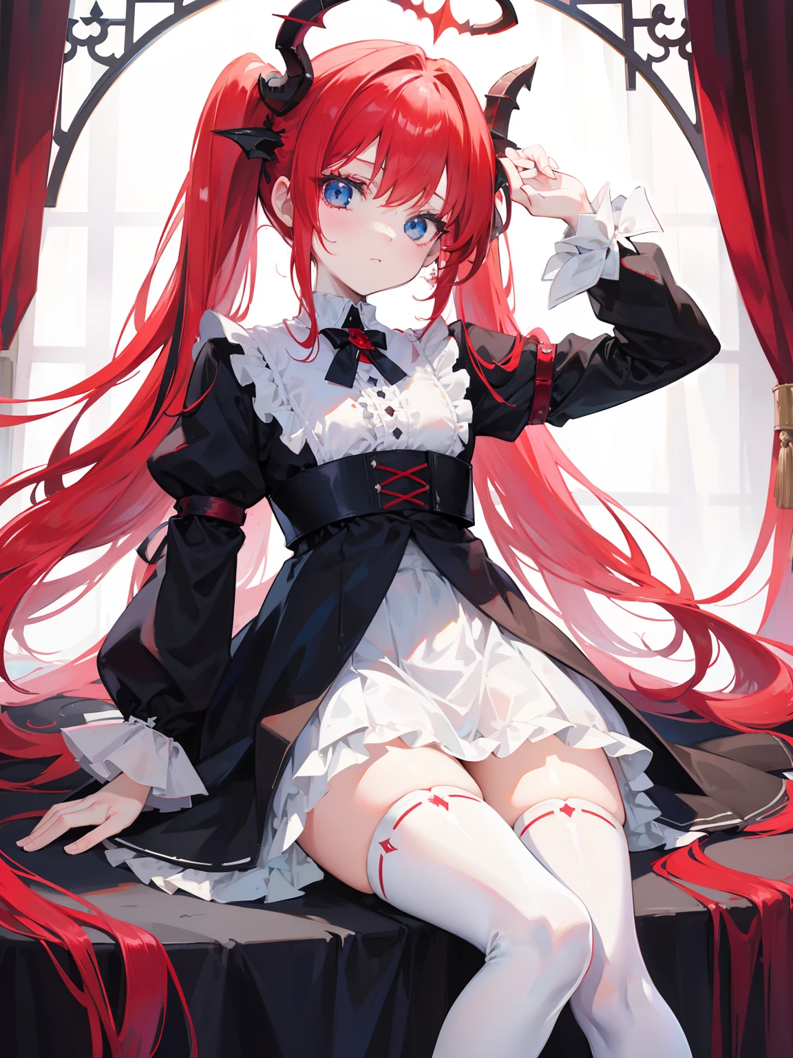 red hair,blue eyes,twintails, long hair, long sleeves, gothic, solo, loli,Short skirt, white stockings,{{best quality}}, {{masterpiece}}, {{ultra-detailed}}, {illustration}, {detailed light}, {an extremely delicate and beautiful},little girl,cute,dragon horns