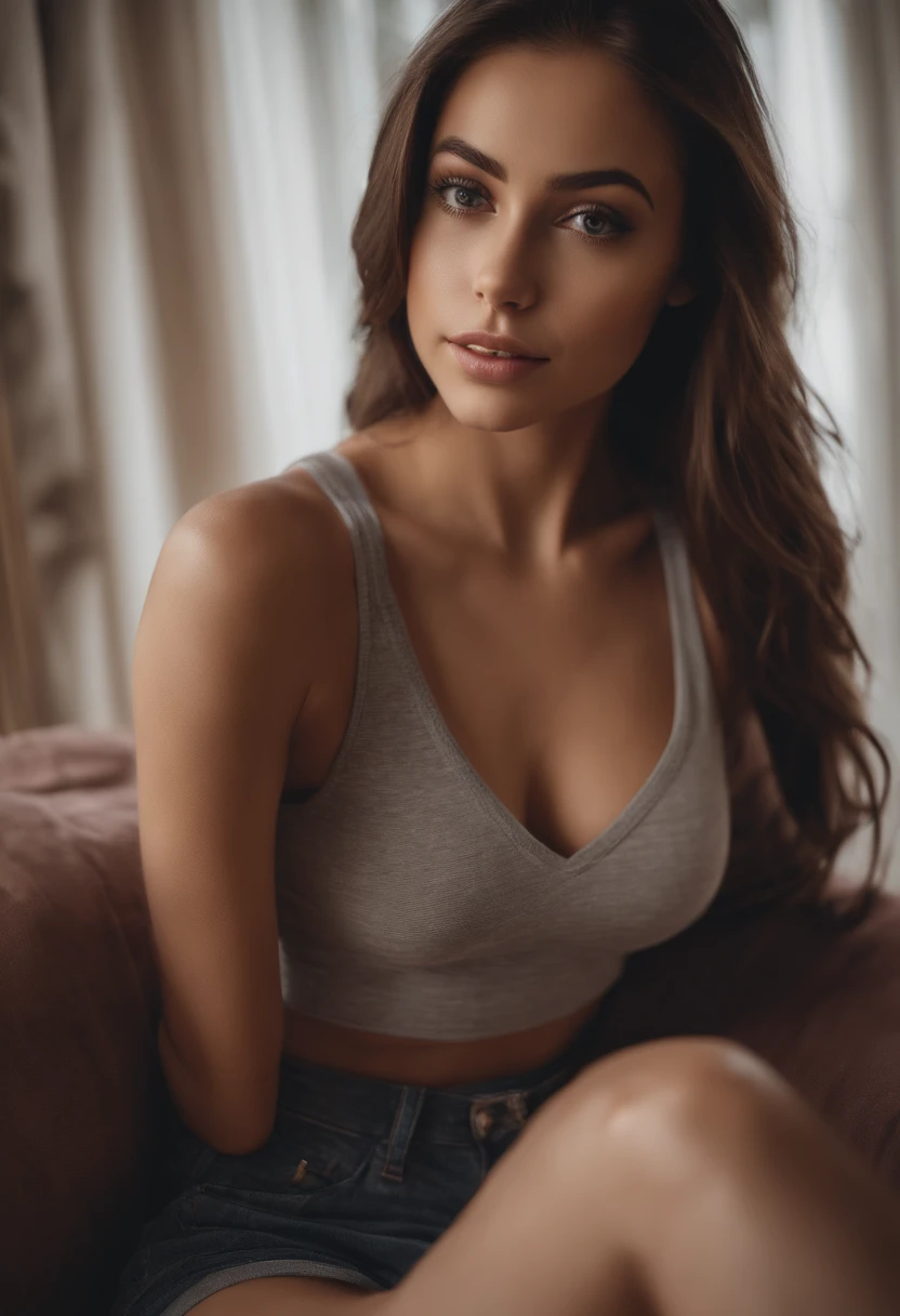 arafed woman with matching tank top and panties, sexy girl with brown eyes, portrait sophie mudd, brown hair and large eyes, selfie of a young woman, bedroom eyes, violet myers, without makeup, natural makeup, looking directly at the camera, face with artgram, subtle makeup, stunning full body shot, cleavage, sitting at the dinner table