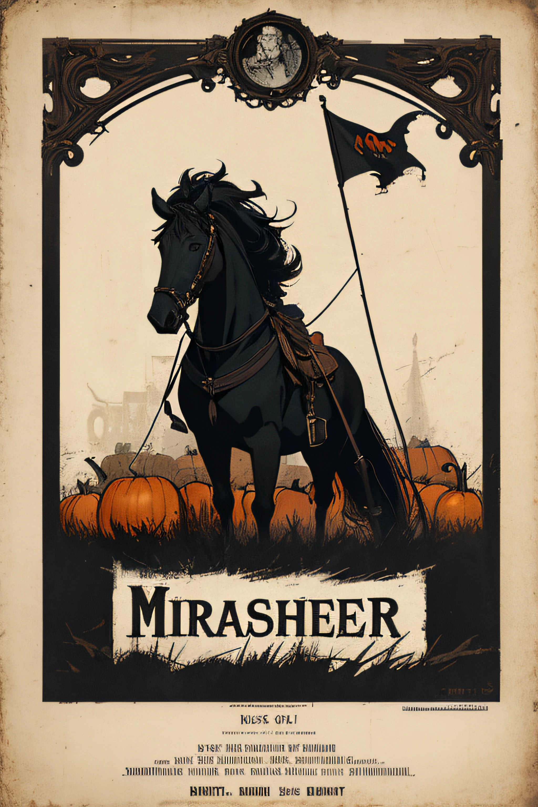 (Masterpiece, Best Quality), 8k Wallpaper, highly detailed, poster, headless horseman, pumpkin head, vintage horror, 1900s, horror thriller cinematic movie poster, Bauhaus, shapes, lines, abstract, propaganda, gothic, movie poster, vintage,