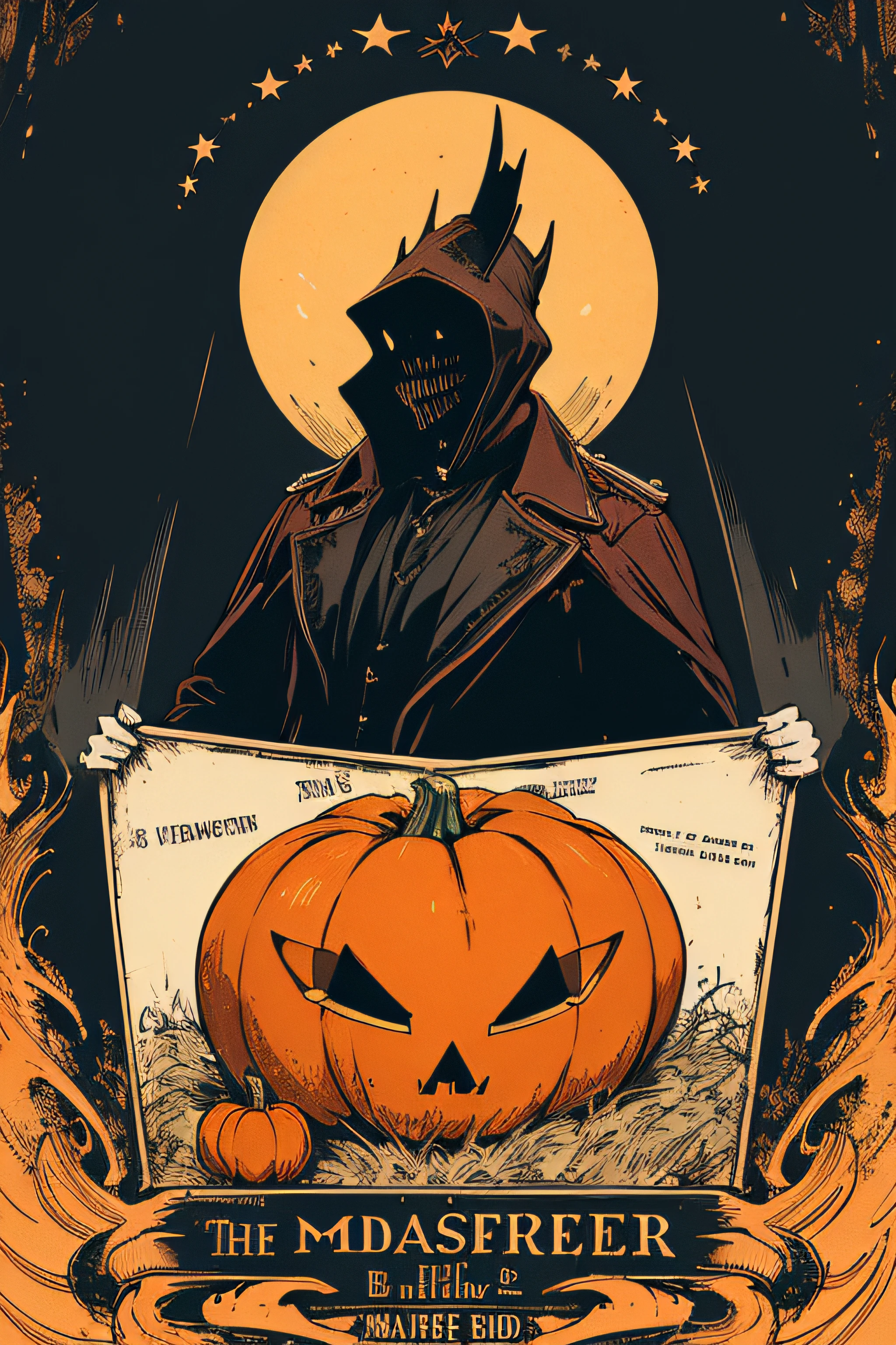 (Masterpiece, Best Quality), 8k Wallpaper, highly detailed, poster, headless horseman, pumpkin head, vintage horror, 1900s, horror thriller cinematic movie poster, Bauhaus, shapes, lines, abstract, propaganda, gothic, movie poster, vintage,