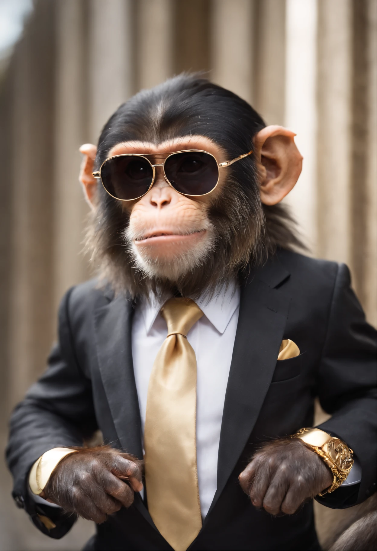 monkey with black sunglasses, black suit and tie, golden chain, golden necklace, bracelet, boss monkey, rich monkey, hollywood monkey, celebrity monkey