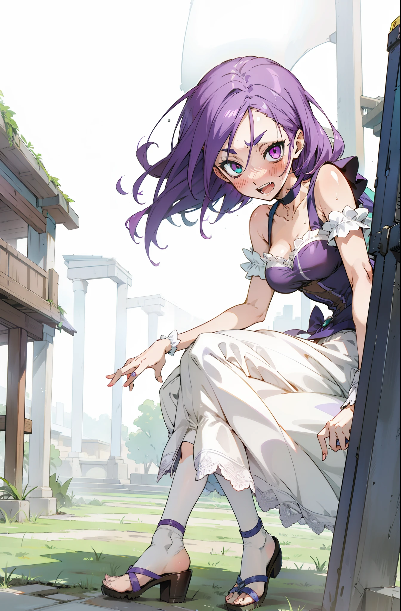 heterochromia, teal green eyes, purple eyes, light smile, red blush, opened mouth