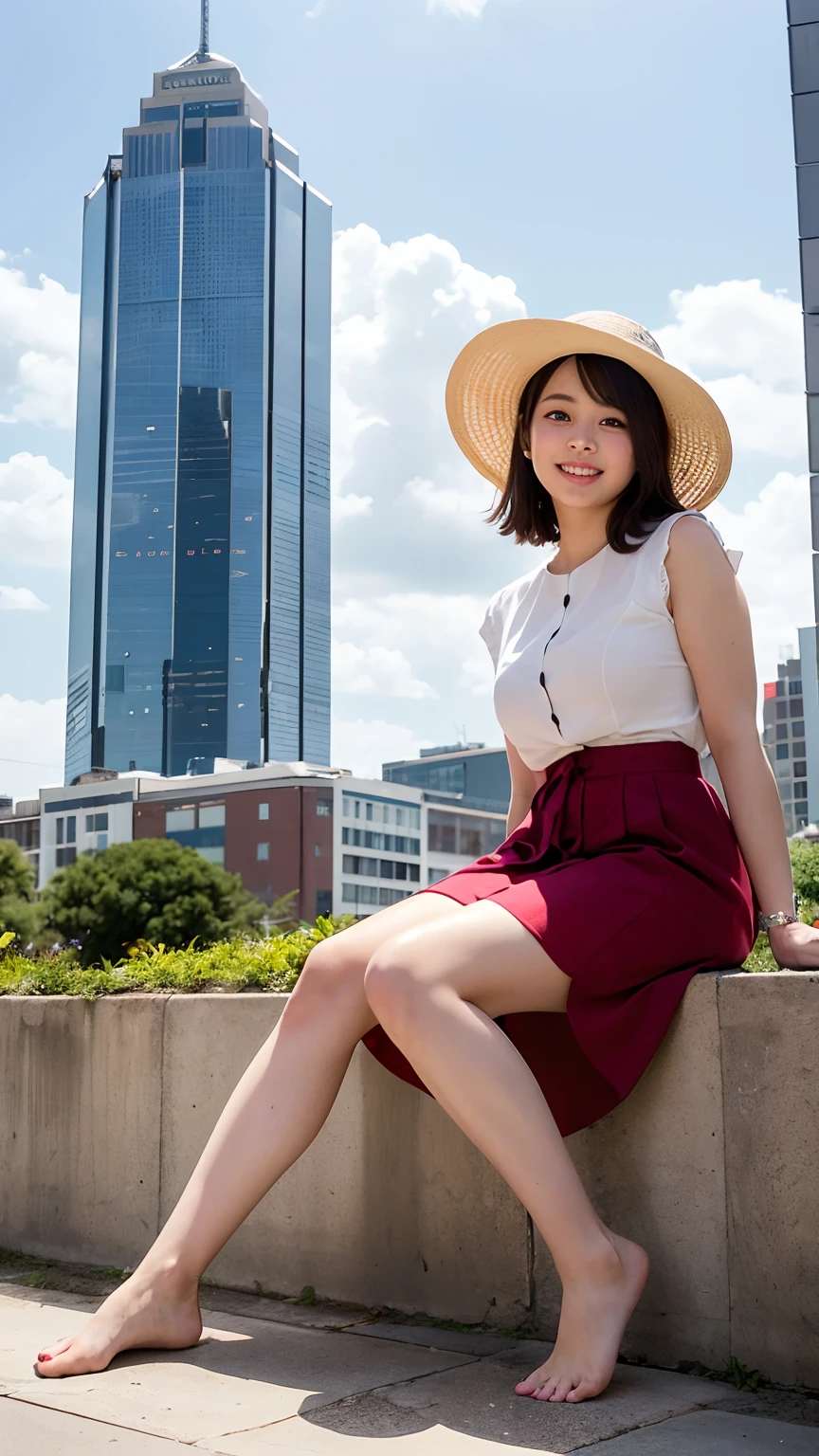 Trapeze girl。She wears a red dress and a white hat.、She has short black hair.。Although she bravely turned over,,,,、The smile is very cute。There were no socks or shoes on her feet、Barefoot on trapeze。She looked free and happy.、The envy of viewers。Blue sky and clouds on background、Skyscrapers and Ferris wheels can be seen in the distance。In contrast to the hustle and bustle of the city、She plays quietly in the air、The skirt flips up.