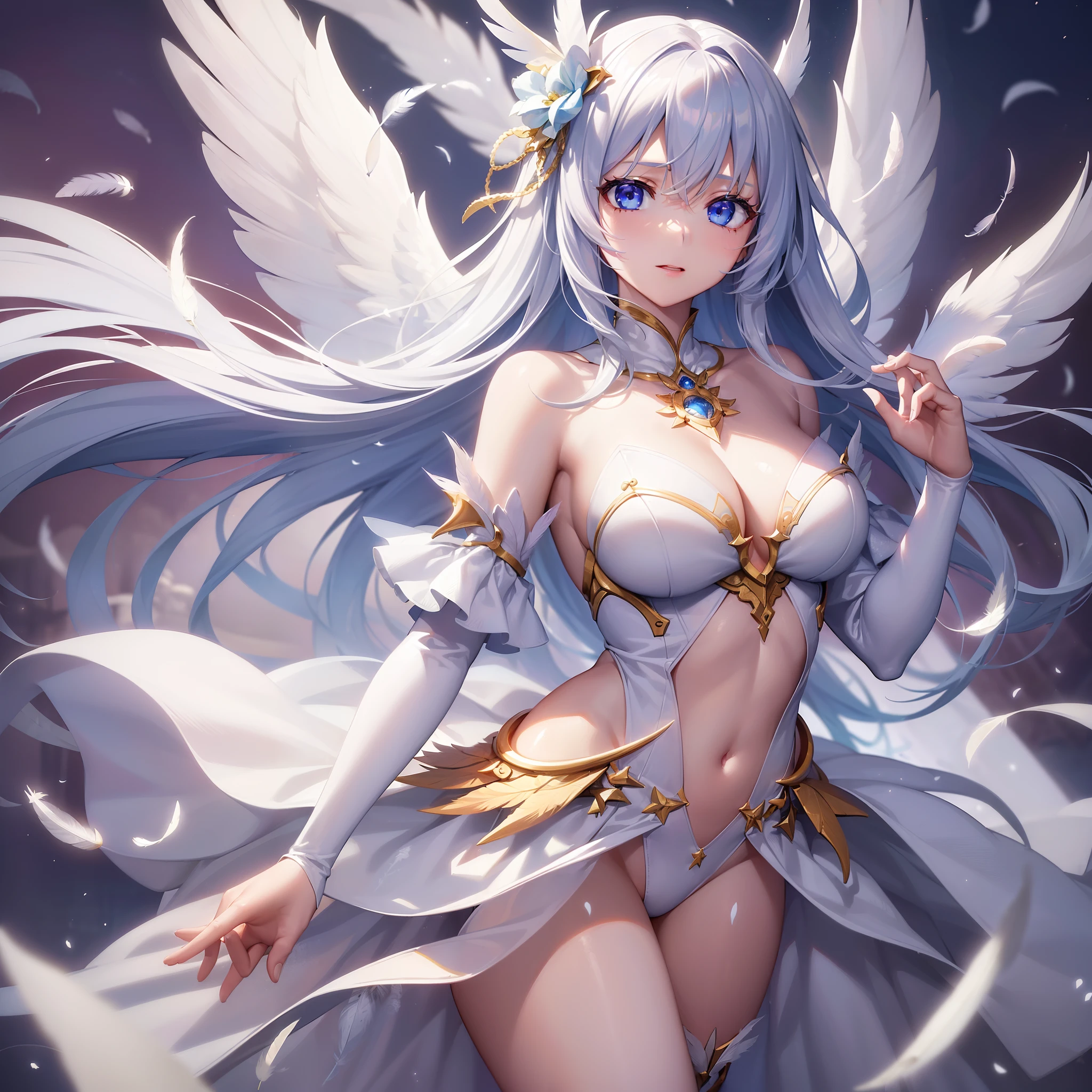 ((Finest quality)),(超A high resolution),(ultra-detailliert),((Best Anime)),sharpnes,vivid:1.1,Fantasy art with astounding depictions,Deities々Emitting a bright light,Near and far law, (((1人の女性),angelicales,Pure white feathers,Pure white costume,ornament detached),Floating in the air:1.5)