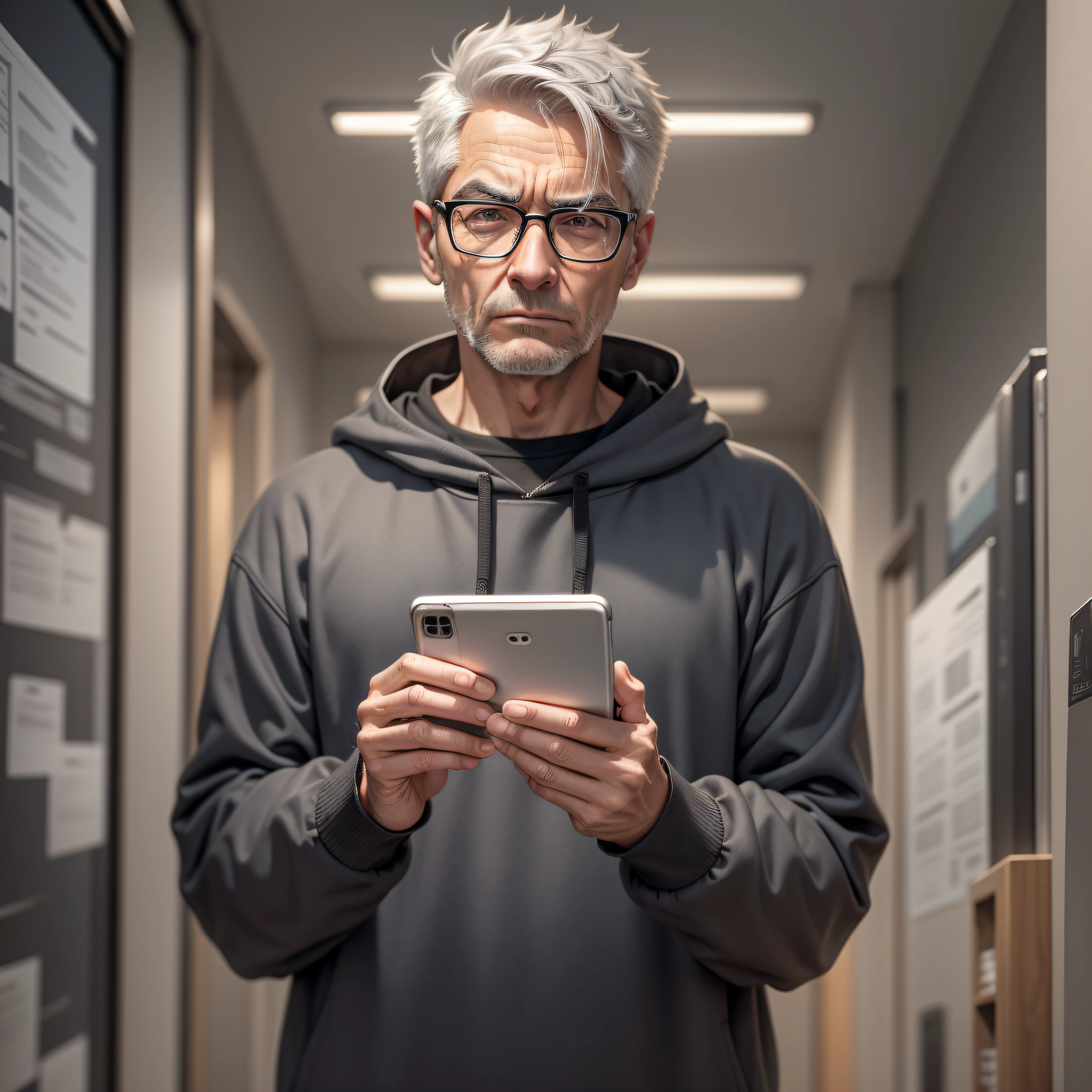 Realistic image of a man with short, gray hair, wearing glasses, wearing a black sweatshirt, with wrinkles, thin, standing, holding a small smartphone by his ear, frightened expression on his countenance, setting of a night office