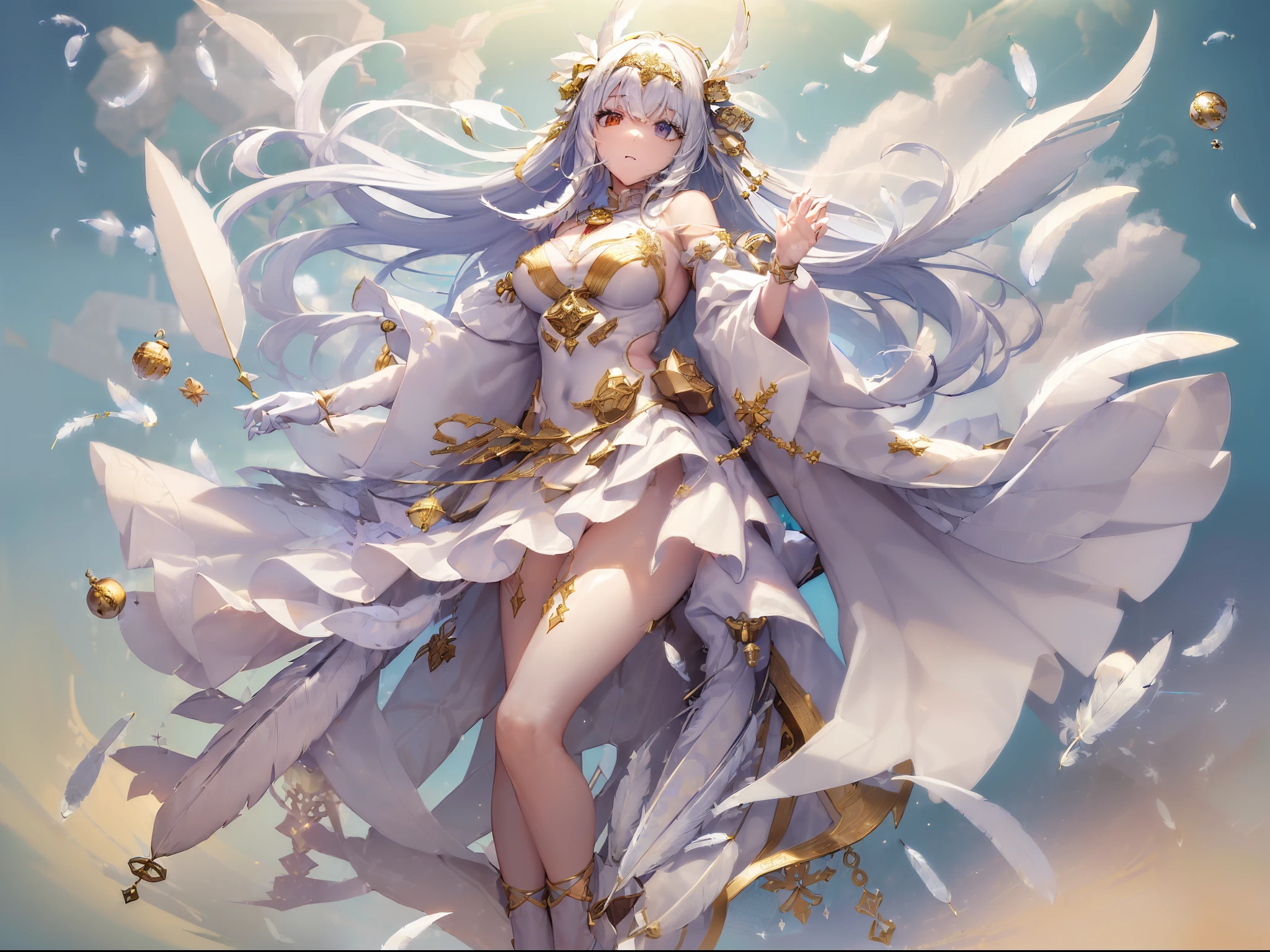((Finest quality)),(超A high resolution),(ultra-detailliert),((Best Anime)),sharpnes,vivid:1.1,Fantasy art with astounding depictions,Deities々Emitting a bright light,Temple in the Sky,Near and far law, (((1人の女性),angelicales,Pure white feathers,Pure white costume,ornament detached),float:1.5,full body seen:1.7)