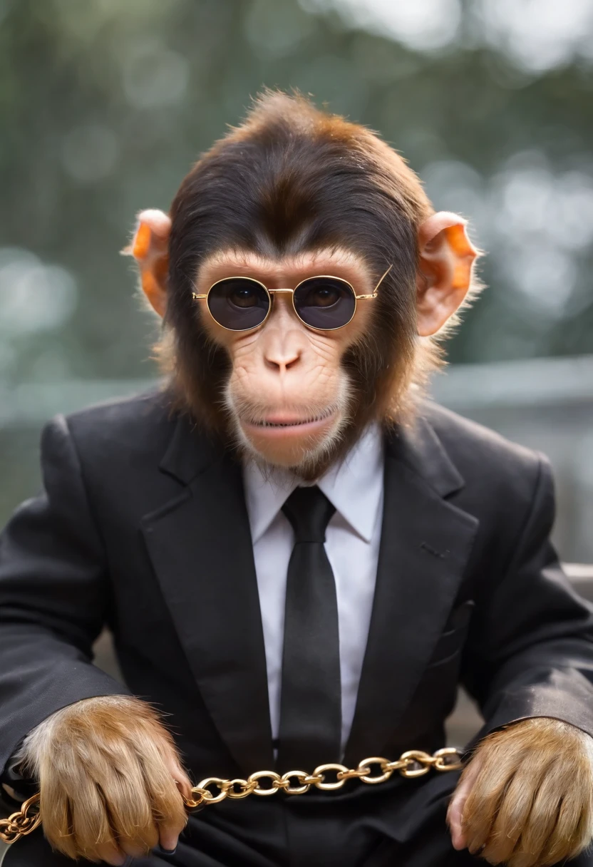 brown haired monkey with black sunglasses, black suit and tie, golden chain, golden necklace, bracelet, boss monkey, rich monkey, hollywood monkey, celebrity monkey