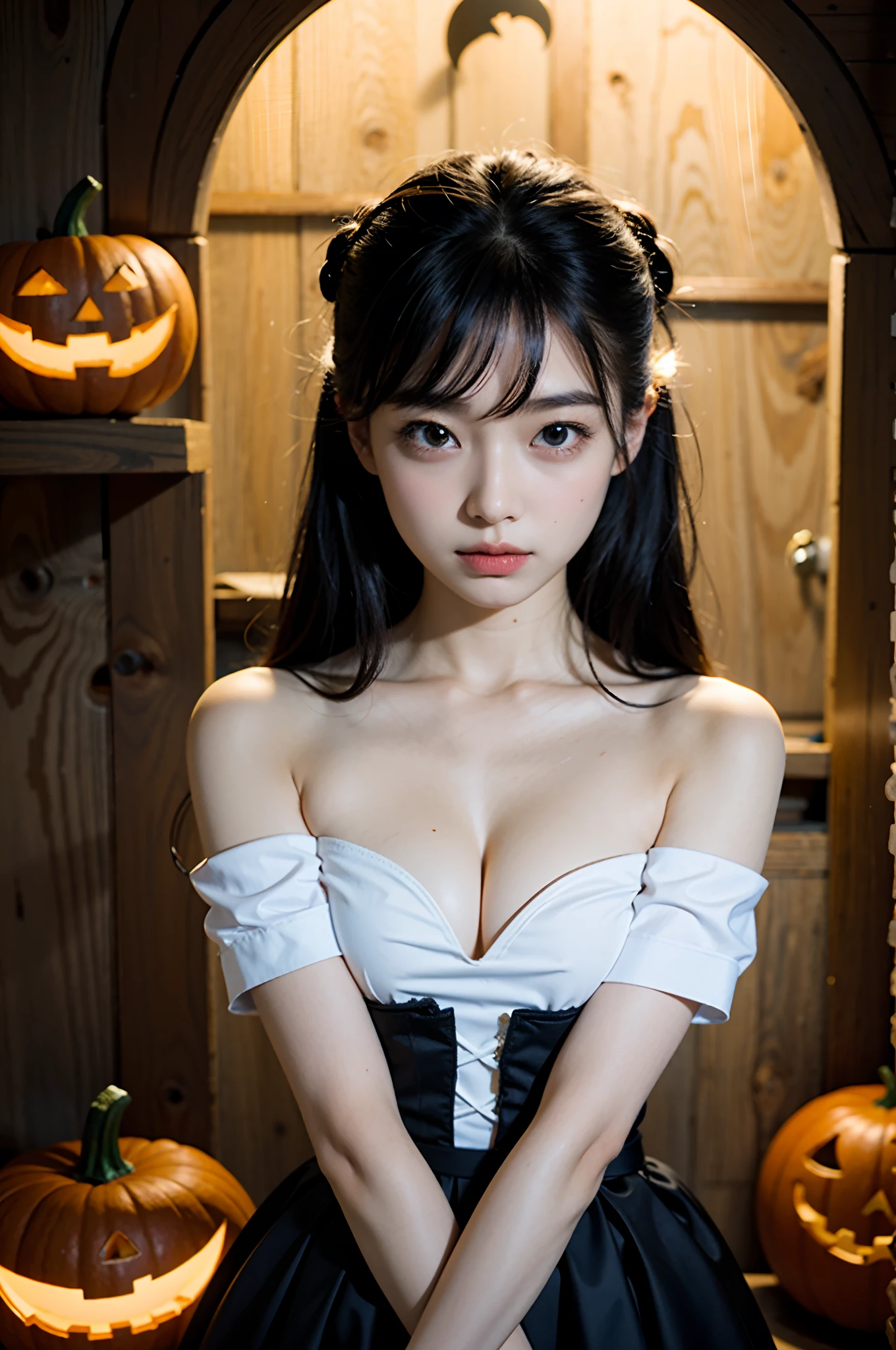 ​masterpiece, top-quality、Raw foto, Photorealsitic、I am a 15 year old girl、Mummy Cosplay、Bandage on the head, missiles, or feet、Halloween、Jack-o'-lantern、chandelle、the bats、dead wood、spider webs、unbelievable Ridiculous、depth of fields, hight resolution, ultra-detailliert, foco nítido, Cinematic lighting