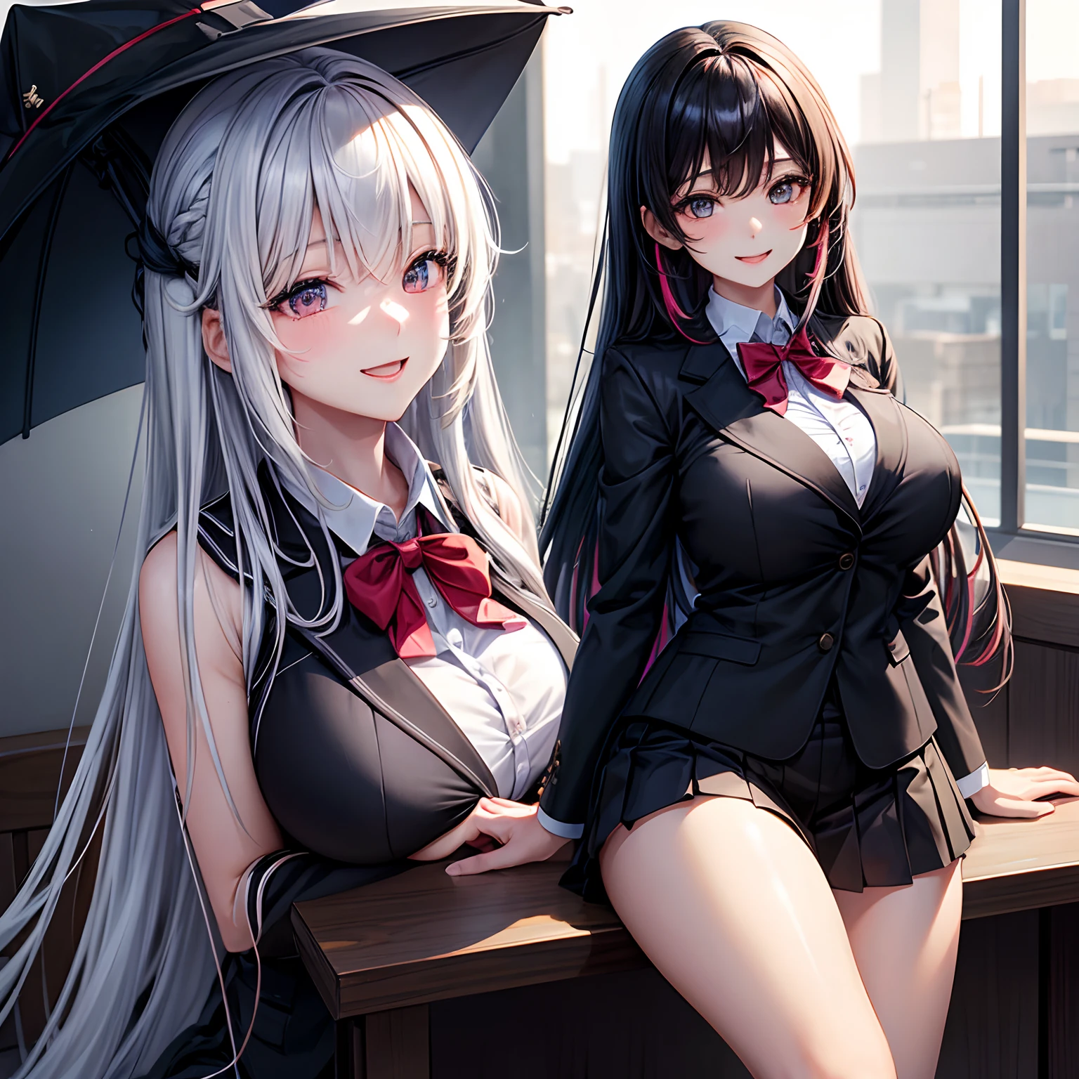 Midday Shiina,a beauty girl,girl with,a smile,Black uniform and blazer,top-quality,masterpiece,huge ,超A high resolution,Multicolored hair,Excellent style,Perfect facial features,a beauty girl,modeled,girl,Long,