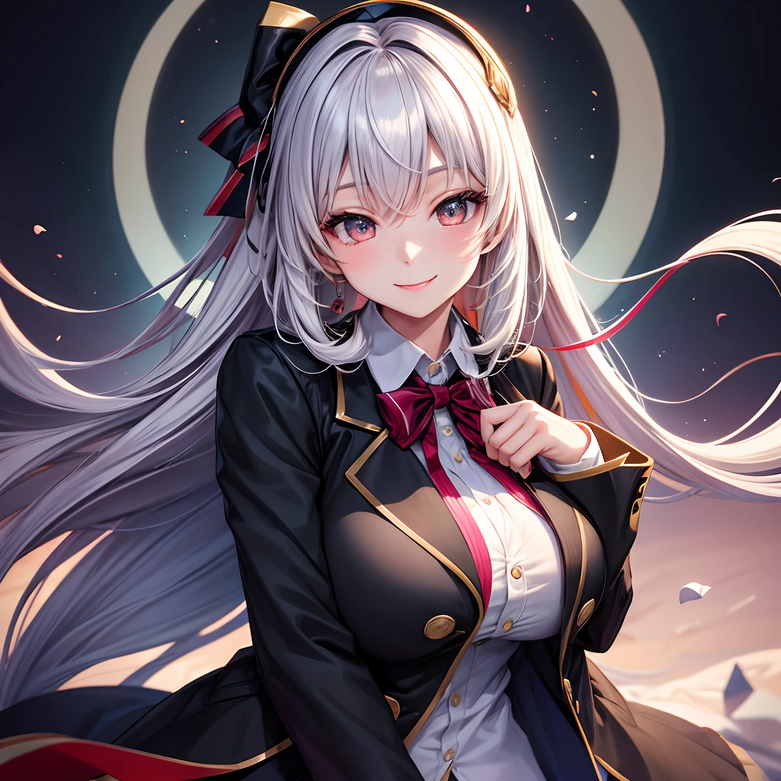 Midday Shiina，a beauty girl，girl with，a smile，Black uniform and blazer，top-quality，​masterpiece，huge tit，超A high resolution，Multicolored hair，Excellent style，Perfect facial features，a beauty girl，modeled，girl，Long，