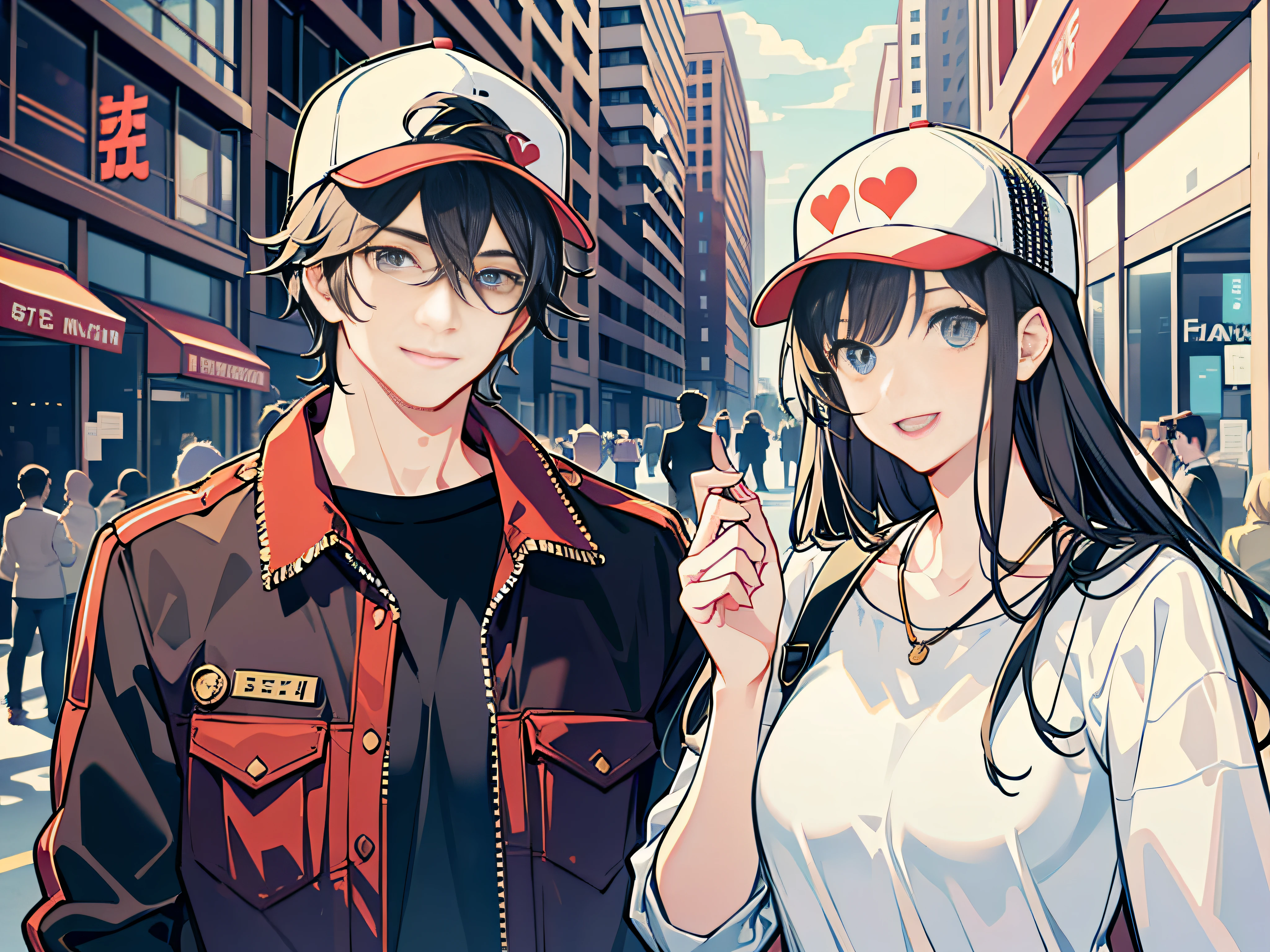Masterpiece, Superb 2 People, Couple, 1man with 1woman, Height difference, Happy, Love, Smile, Casual wear, Oversized, Different fashions, Urban Street, Hand in Hand, Hat