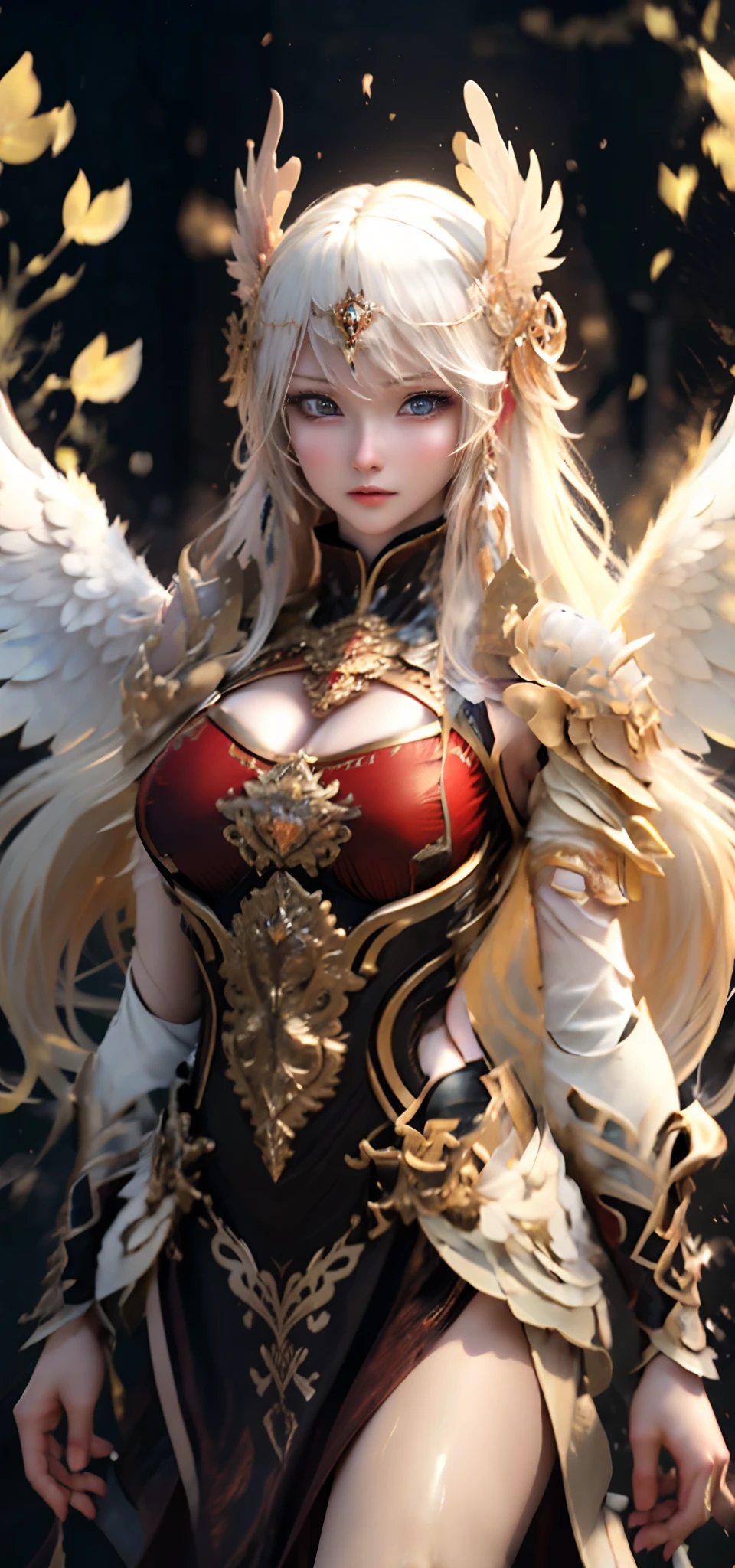 (( (tmasterpiece),(Very detailed CG Unity 8K wallpaper),best qualtiy,cinmatic lighting,细致背景,beatiful detailed eyes,Bright pupils,(Very fine and beautiful),(Beautiful and detailed eyes description),ultra - detailed,tmasterpiece,hight resolution)), Curly, ((Sexy Bikini Arms:1.4)), Richly decorated rose gold armor, a beautiful woman warrior, Long hair, (Platinum Blonde Hair), cleavage of the breast, (Big angel wings on the back)