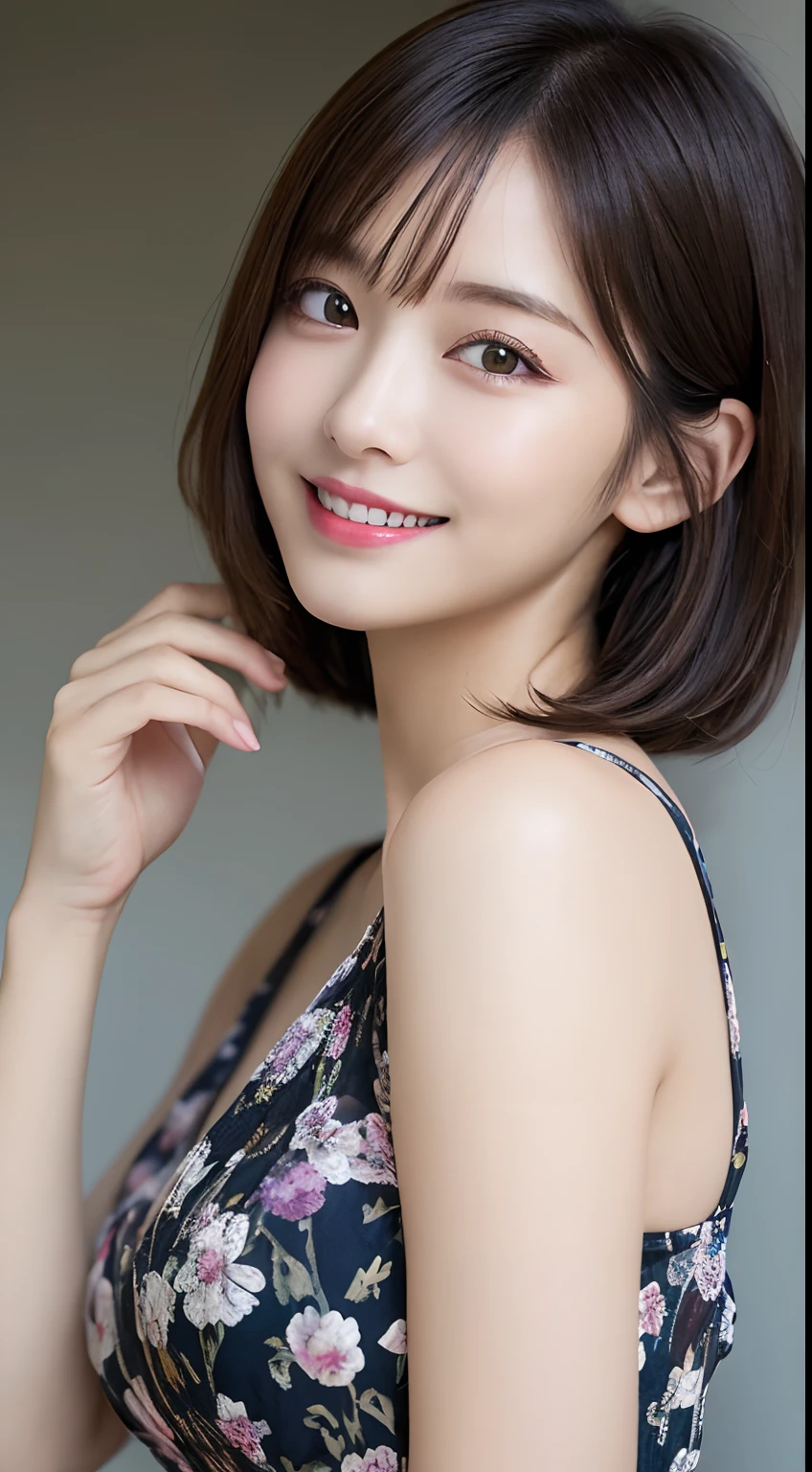 masutepiece, Best Quality, Illustration, Ultra-detailed, finely detail, hight resolution, 8K Wallpaper, Perfect dynamic composition, Beautiful detailed eyes, Women's Fashion Summer,Short bob hair,Small breasts natural color lip, Bold sexy poses,Smile,Harajuku、20 years girl、Cute、Sexy shot looking at camera