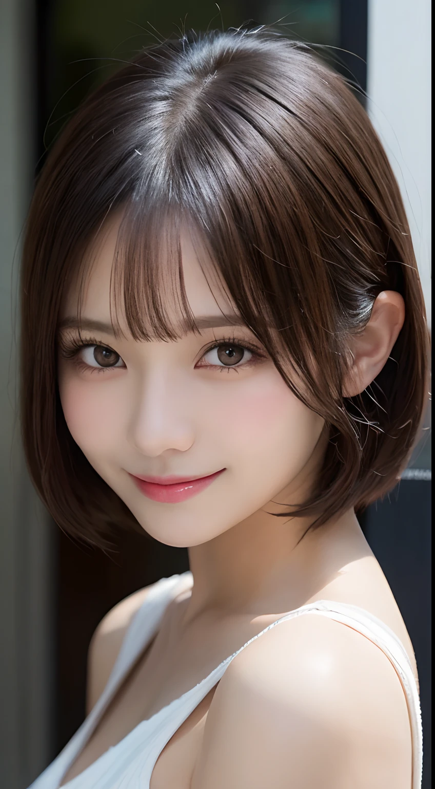 (highest quality:1.5), (Realistic:1.5), (1 person:1.5), (Upper Body:1.5), Very detailed, High resolution, 8k wallpaper, , Small breasts, Natural color lips, Cute Smile, Japanese women, 20-year-old girl, Beautiful and elegant face, Perfect and beautiful face, Big eyes, Brunette's eyes, Beautiful and elegant face, Perfect and beautiful double eyelids, Natural Bangs, Beautiful thin nose, Beautiful Skin, chestnut brown hair, Medium Bob Hair, Shortcuts, Natural Bangs, Perfect and beautiful face, Slim face and figure, (looking at the camera), Bright lighting, Professional Lighting, Forward lighting, Natural smile, church, princess-Line wedding dress, tiara、Cleavage、