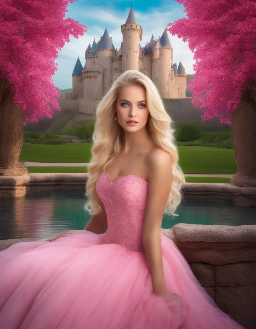 Blonde girl with blue eyes in a pink proncess dress and a castle behind her