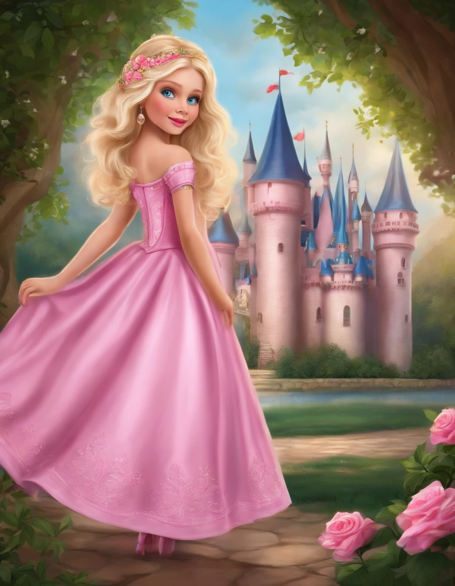 Princess with long blonde hair in a pink princess dress sticking her finger in the spindle of a spinning wheel