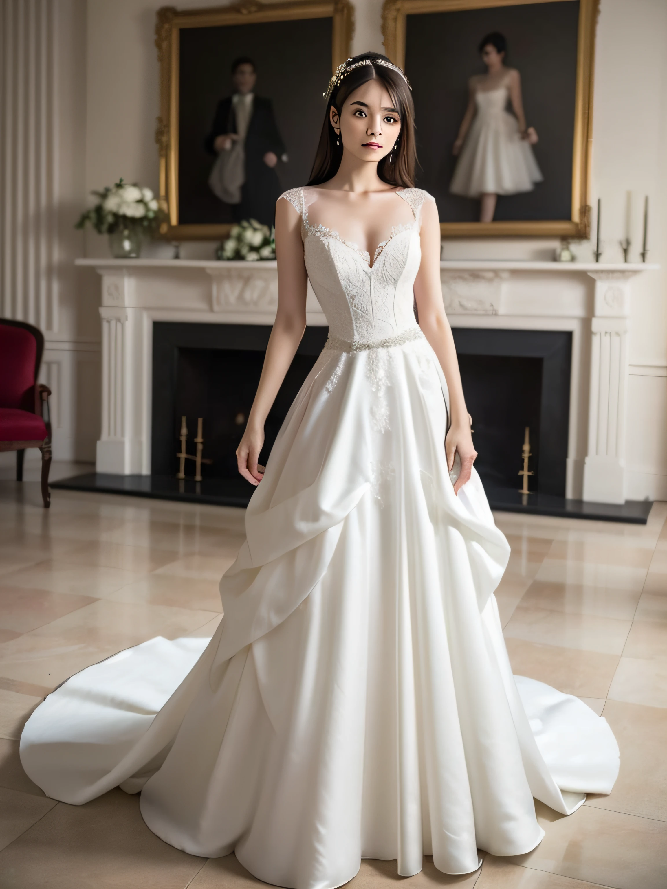 girl with, wearing wedding dress, white wedding dress, Full body drawing, slim, Long legs