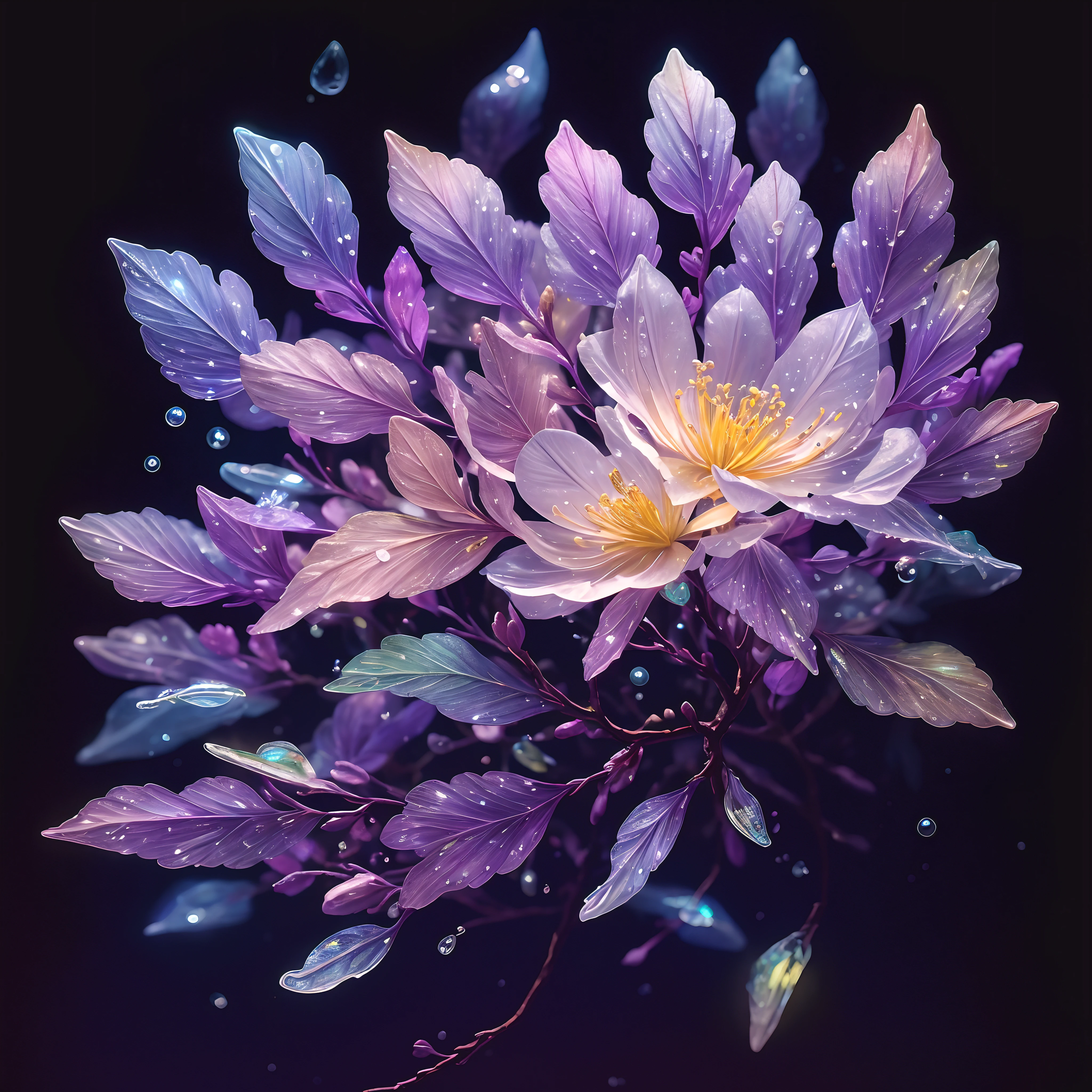 branch of delicate lilac flowers, super transparent, holy light, beautiful spectral light, petals glow, flashing, dark background, drops of transparent light, reflective light, bright, light streaming in, optics, portrait profile, sharp focus, magical, intricate, ultra realistic, fantasy, composition, light, trend on artstation, pearl, patronus cloud of silvery vapor, corrosive enveloping ray family, 8k, ureal ar 23v4 uplight
