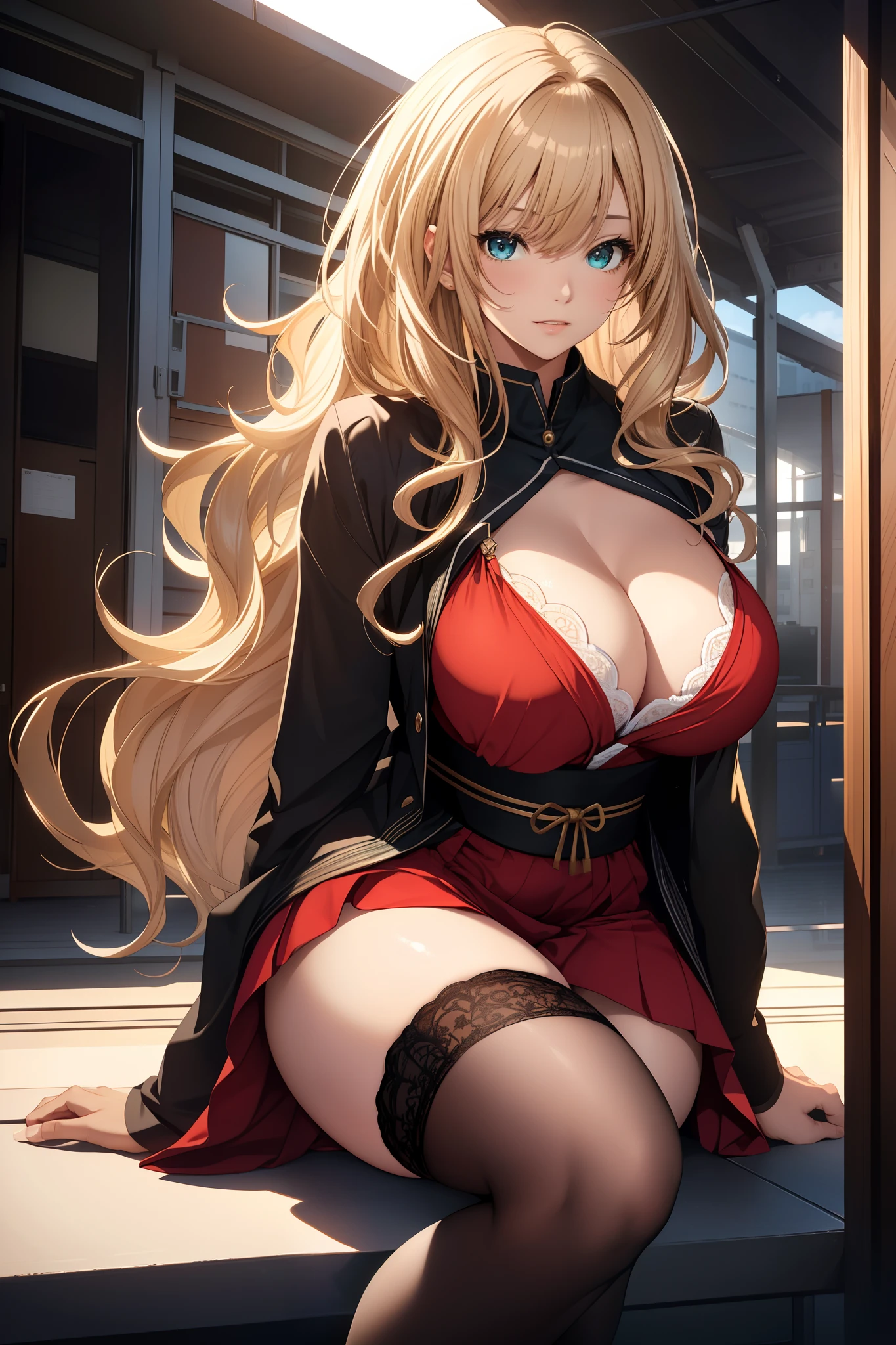 long windblown [blue-black:.3] hair,looking at viewer, (masterpiece:1.3), (8k, photorealistic, RAW photo, best quality: 1.4), japanese, (1girl), beautiful face, (realistic face),{wavy medium hair|bob with long bangs|short hair with long bangs}{black hair|brown hair|blonde hair}, beautiful hairstyle, realistic eyes, beautiful detailed eyes, (realistic skin), beautiful skin, attractive, ultra high res, ultra realistic, highly detailed, golden ratio,elegant, Big breasts, girl, Skirt, Feet, Red dress, Stockings, Green eyes, Office