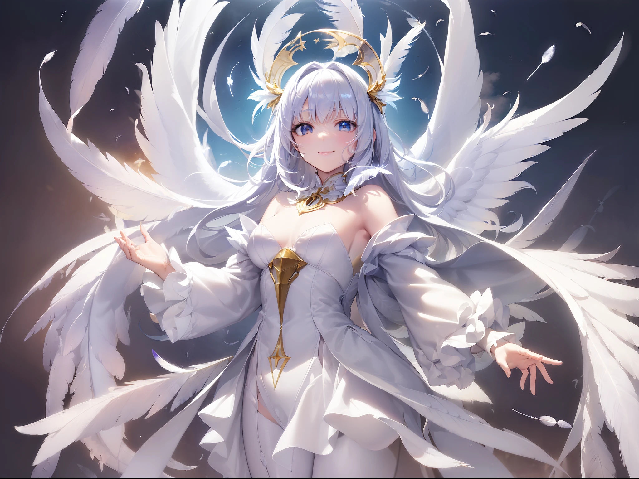 ((Finest quality)),(超A high resolution),(ultra-detailliert),((Best Anime)),sharpnes,vivid:1.1,Fantasy art with astounding depictions,Deities々Emitting a bright light, (((1人の女性),angelicales,A slight smil,Pure white feathers,Pure white costume,ornament detached),float:1.5,full body seen:1.7)