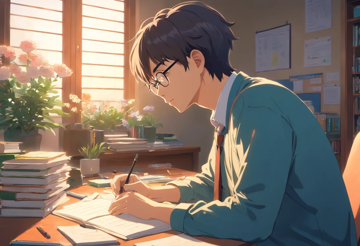 Back shot Man in glasses, Study in the room, Cozy study desk,  Floral notes