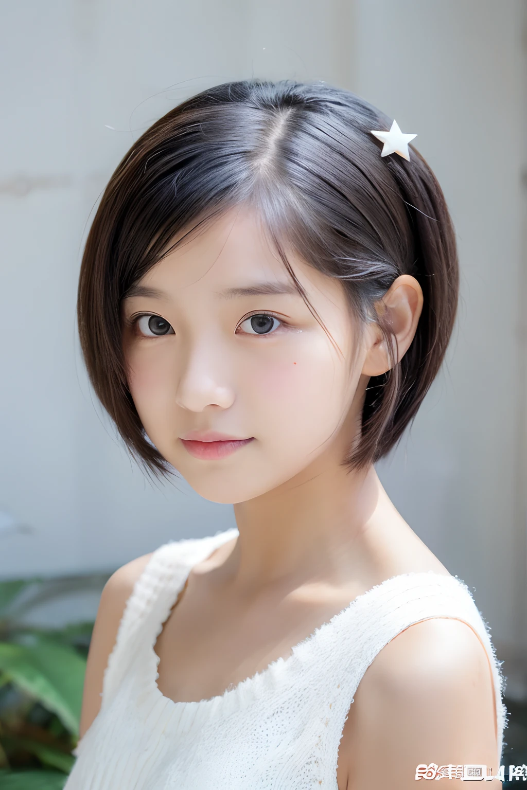 18years old girl, Wear a white top, short detailed hair, star hairpins.